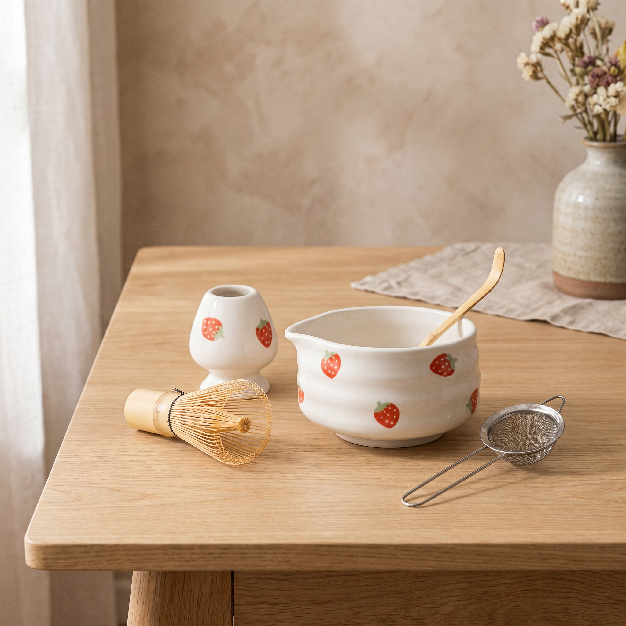Strawberry Matcha Set, Ceramic and Bamboo, Japanese Style, 5 Piece