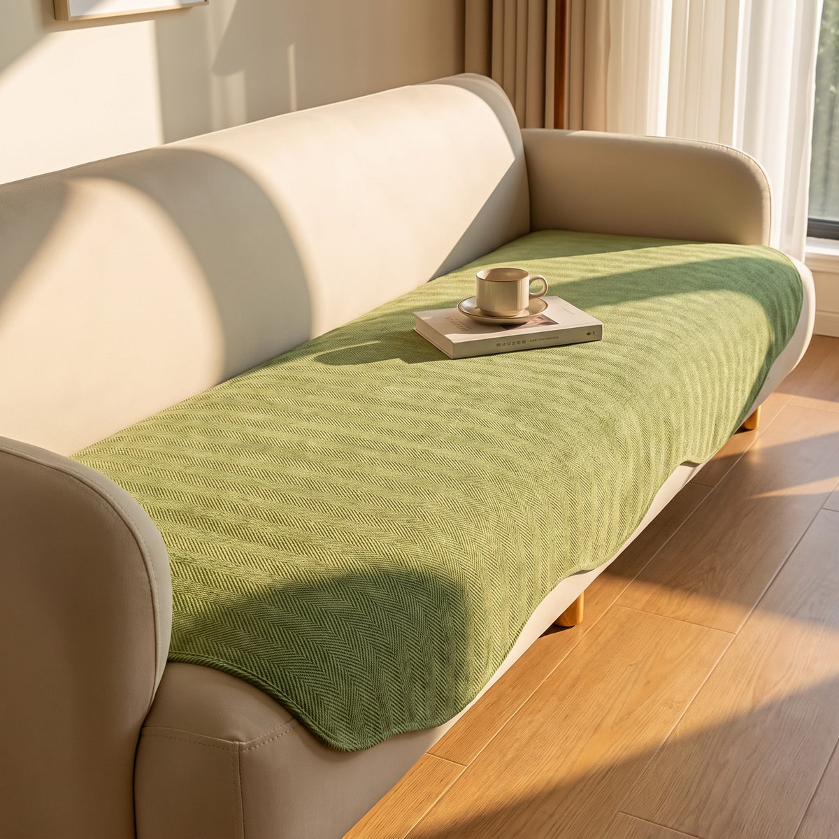 Sofa Seat Cover in Olive on a sofa, stays where you lay it