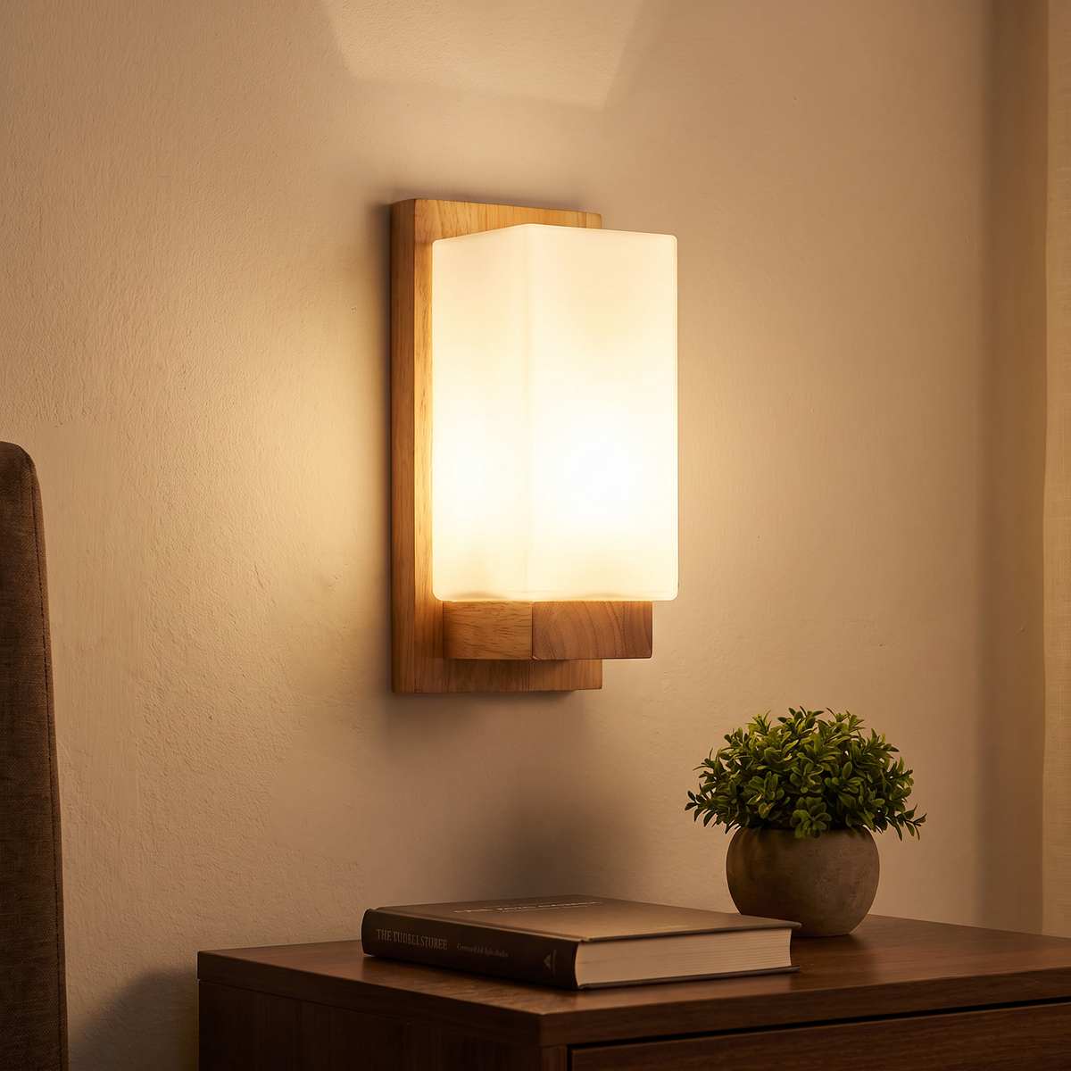 Sofie wall sconce lit beside a bed above a nightstand with a book and a plant