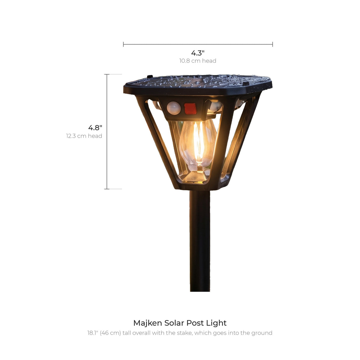 Solar post light dimensions: head 4.3 inches (10.8 cm) wide and 4.8 inches (12.3 cm) tall, 18.1 inches (46 cm) tall with the stake, shown with its wall bracket and stake parts