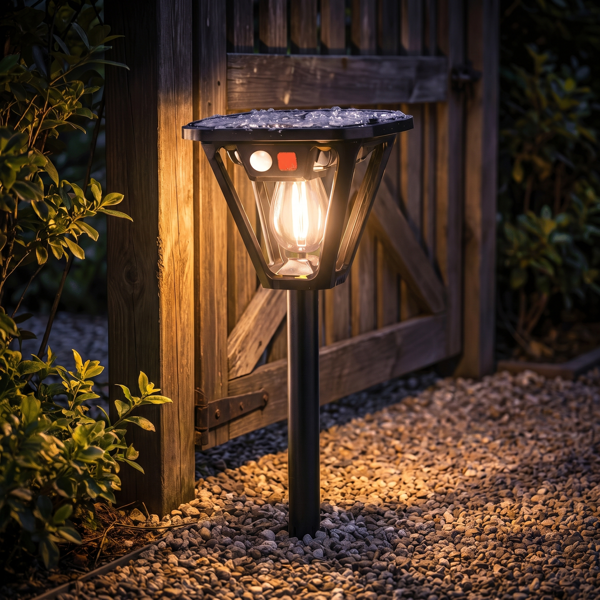 Solar post light by a garden gate on a gravel path at night