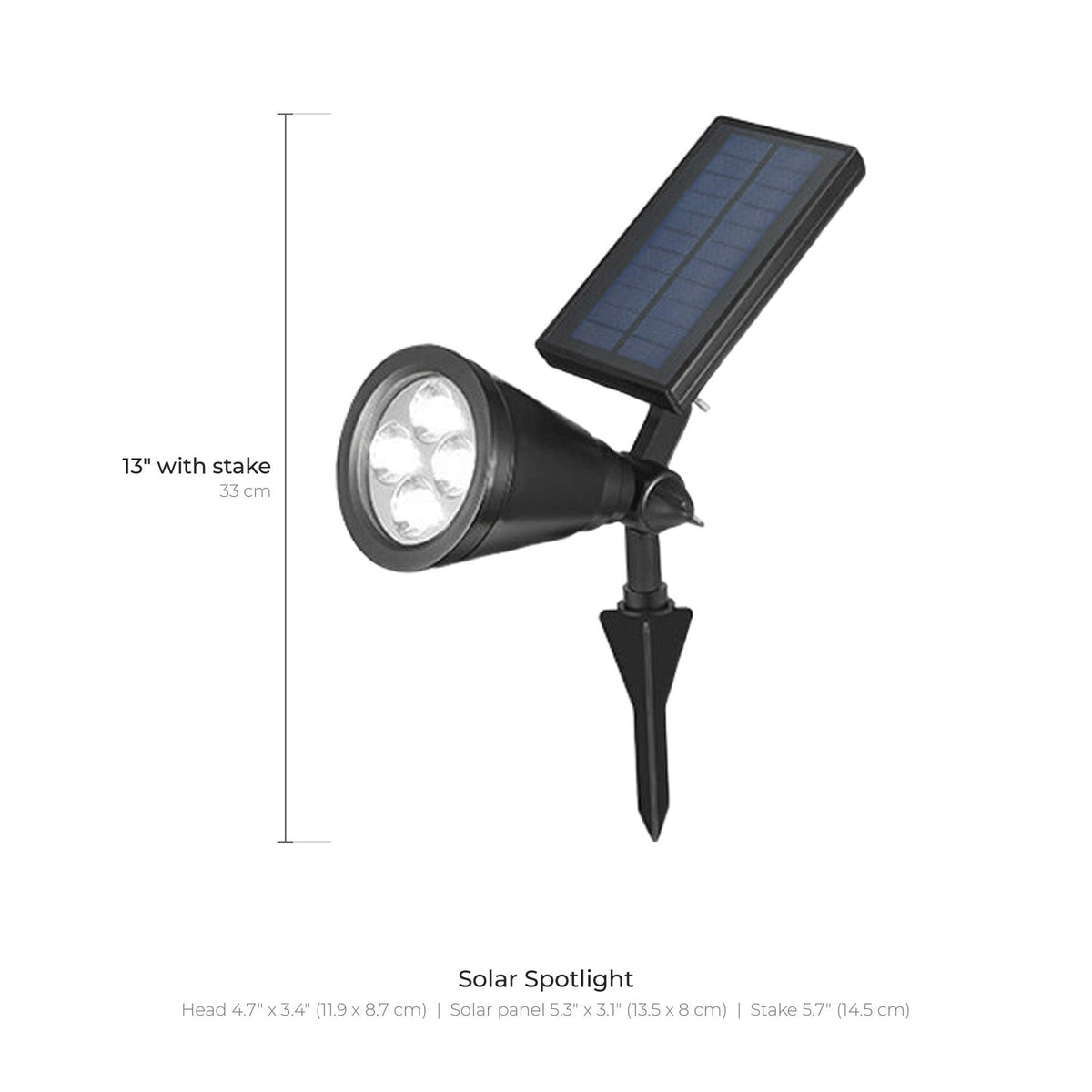 Solar spotlight dimensions: 13 inches (33 cm) tall with the stake