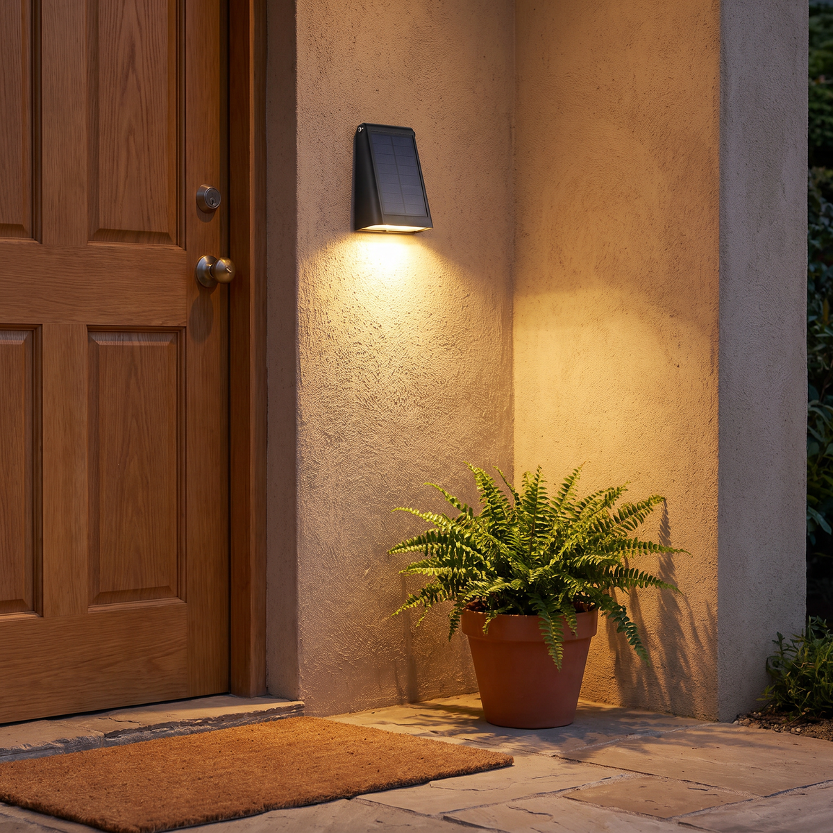Solar wall light, Small Wedge, beside a front door at dusk