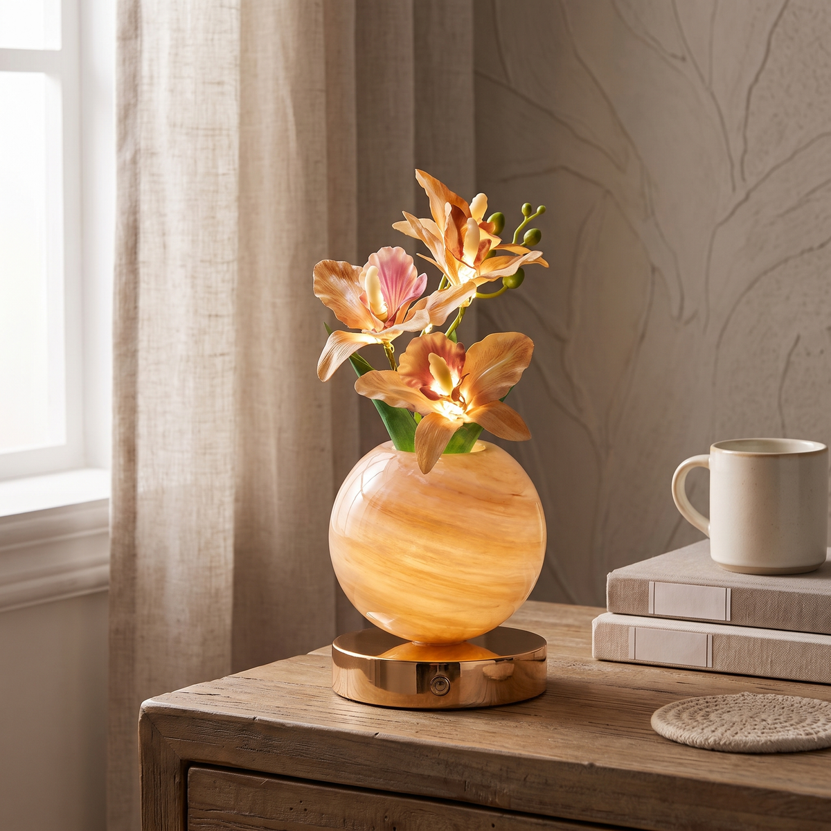 Solna orchid lamp glowing on a nightstand