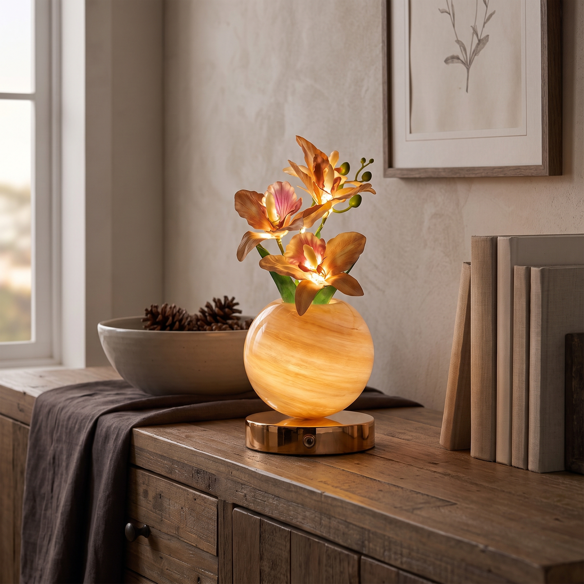 Solna orchid lamp glowing on a dining sideboard