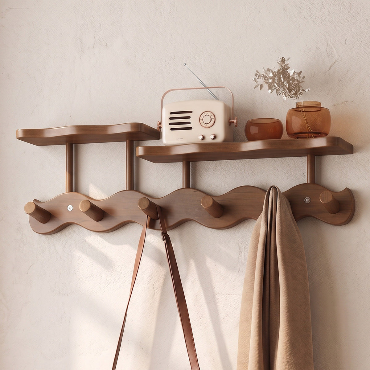 Sonja wall rack in brown with six pegs and two shelves