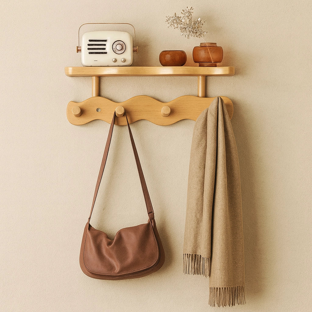 Sonja wall rack in oak with four pegs holding a bag and a scarf, a radio and vases on the shelf