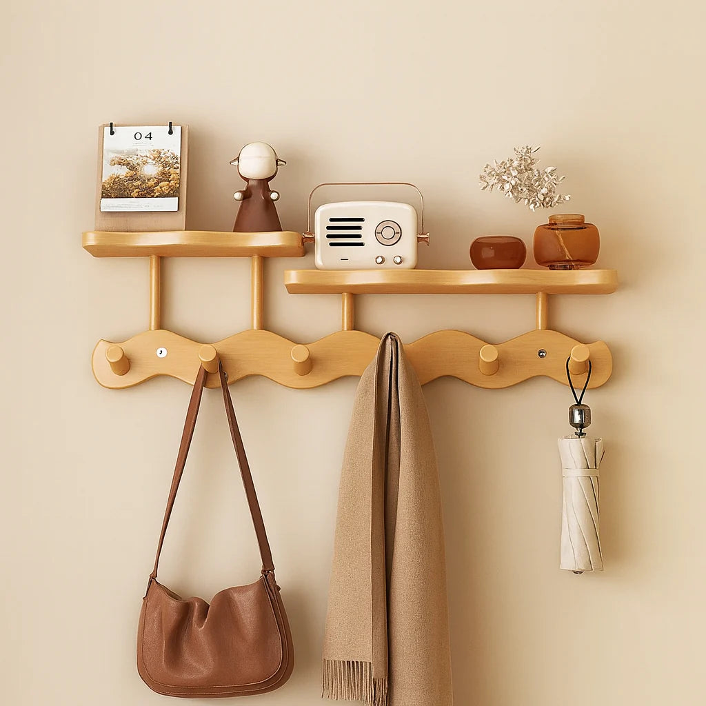Sonja wall rack in oak with six pegs and two shelves holding a bag, a scarf and an umbrella