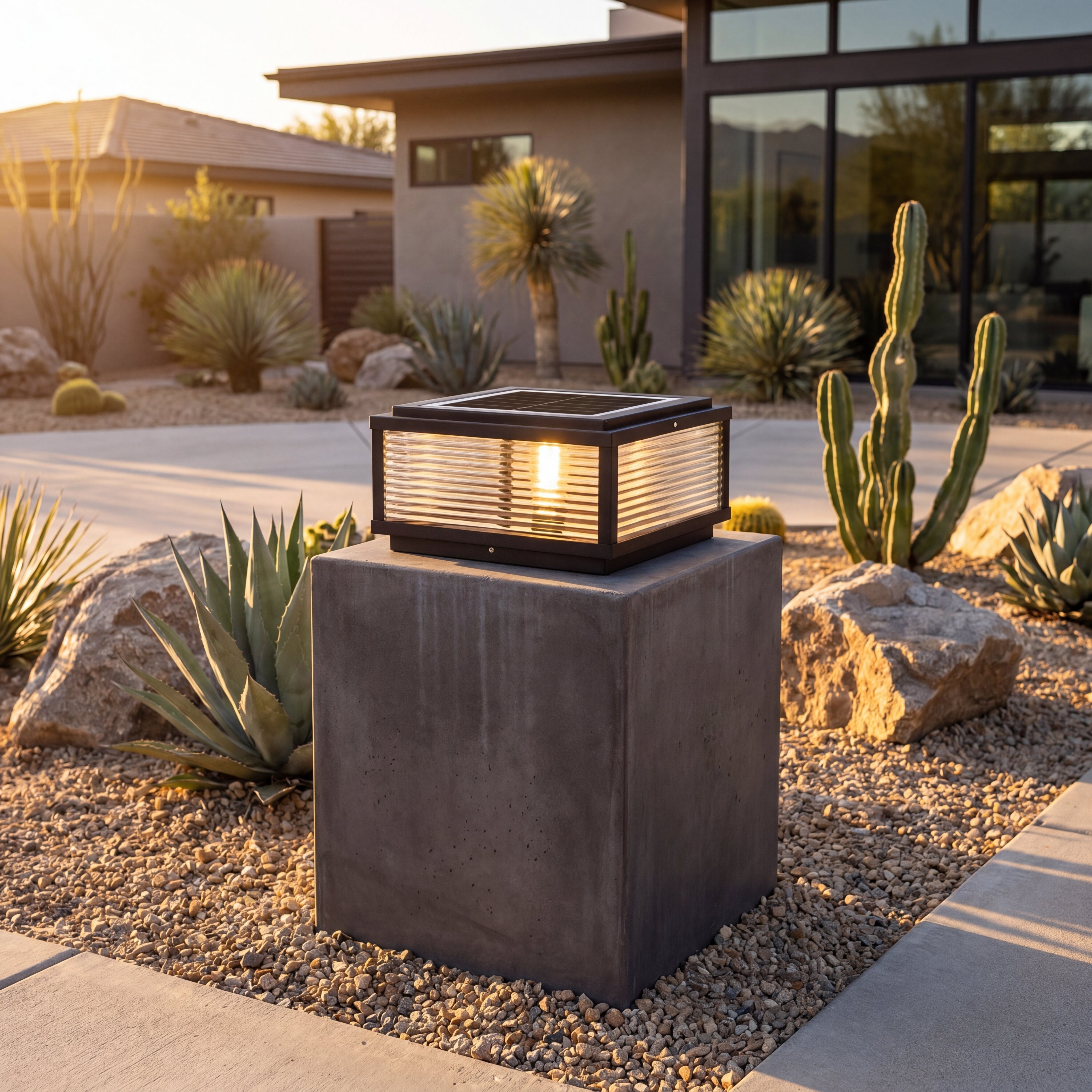 Square Pillar Light, Ribbed Glass, Aluminum Body for Outdoor