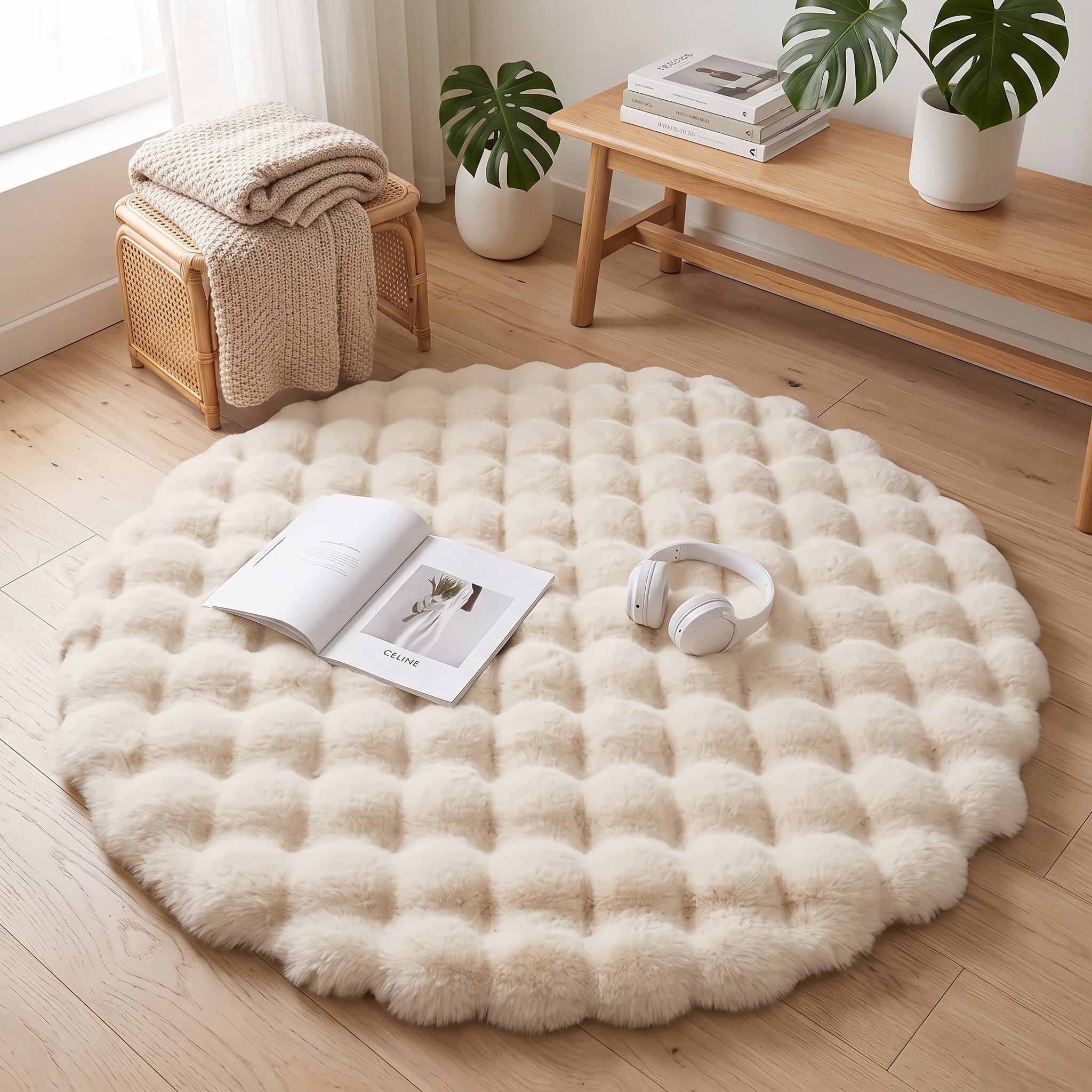 Scandinavian Round Faux Fur Rug, 47 in Diameter