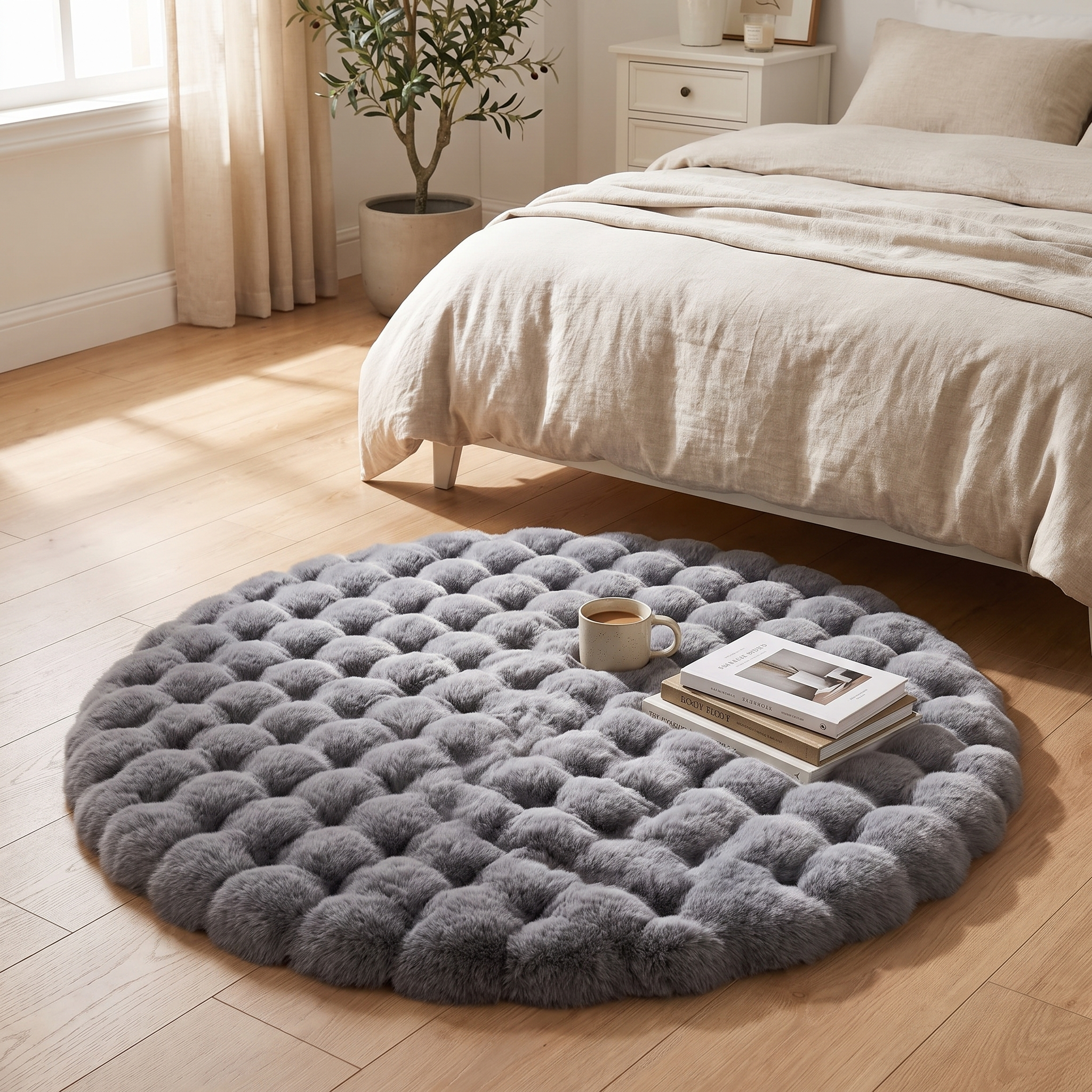 Scandinavian Round Faux Fur Rug, 47 in Diameter