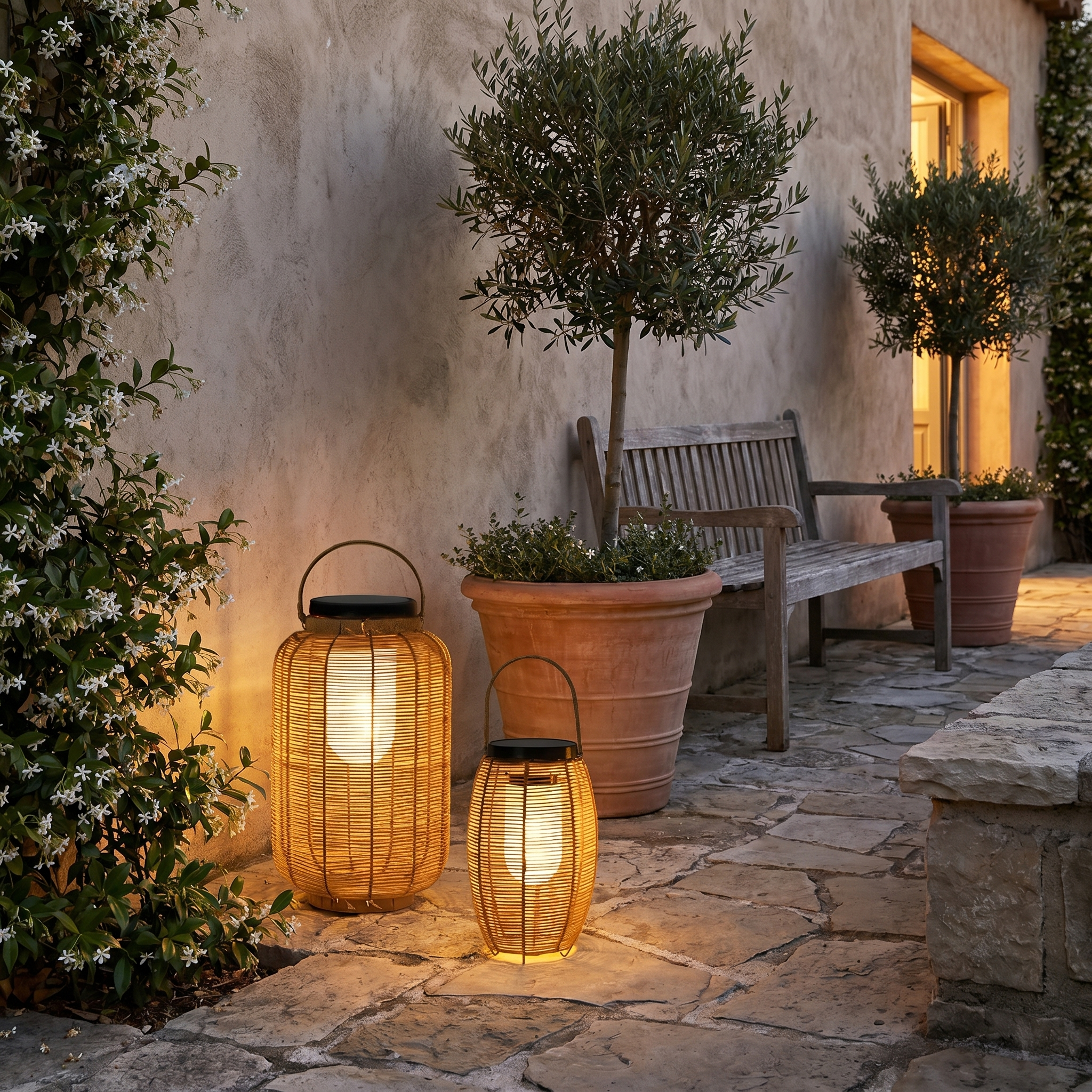 Solar Rattan Lantern, Hand-Woven and Iron, IP54, Warm White, Two Sizes