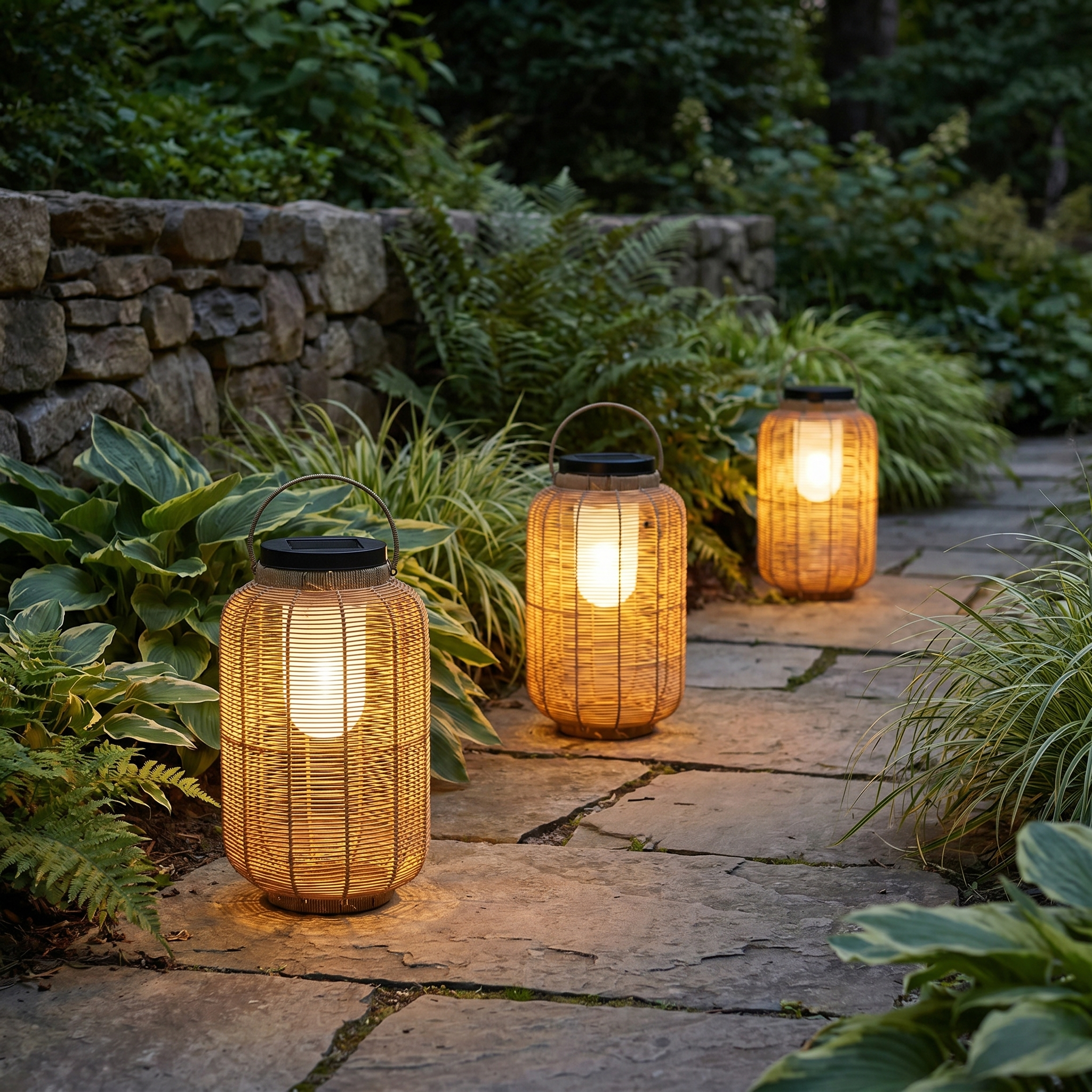 Solar Rattan Lantern, Hand-Woven and Iron, IP54, Warm White, Two Sizes
