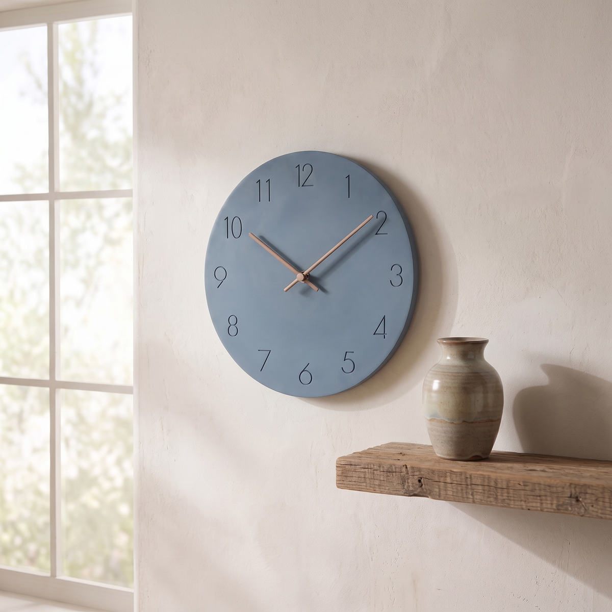 Close view of the slate blue dial with printed numerals and two wooden hands beside a floating shelf