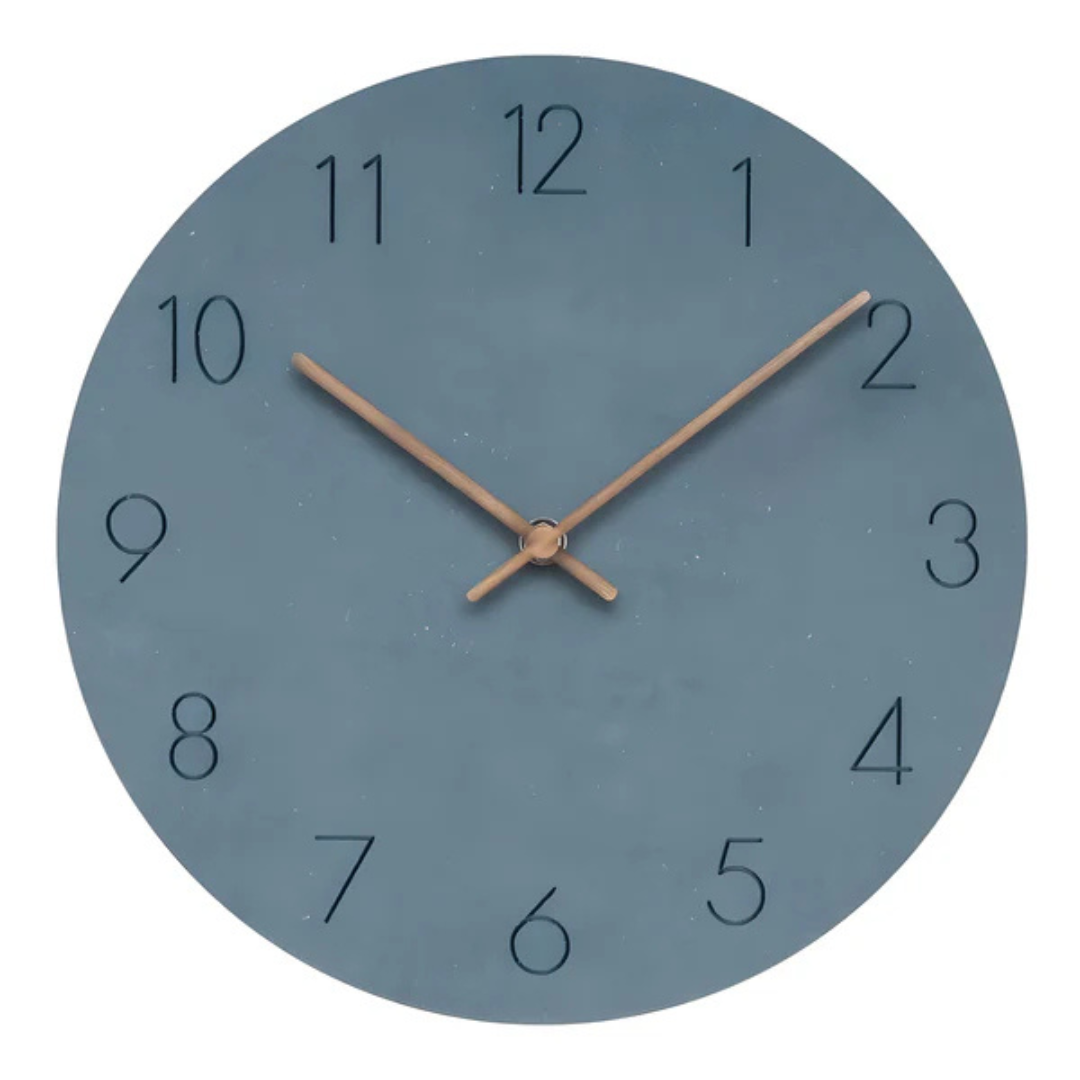 Slate blue dial wall clock with black numerals and wooden hands on a white background