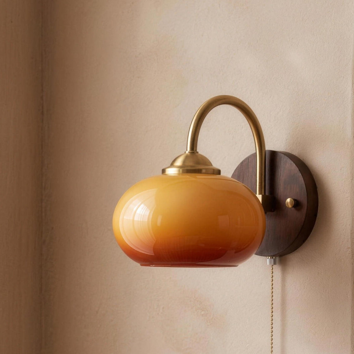 Stina wall sconce with an Oval Caramel glass shade on a curved arm and wood plate