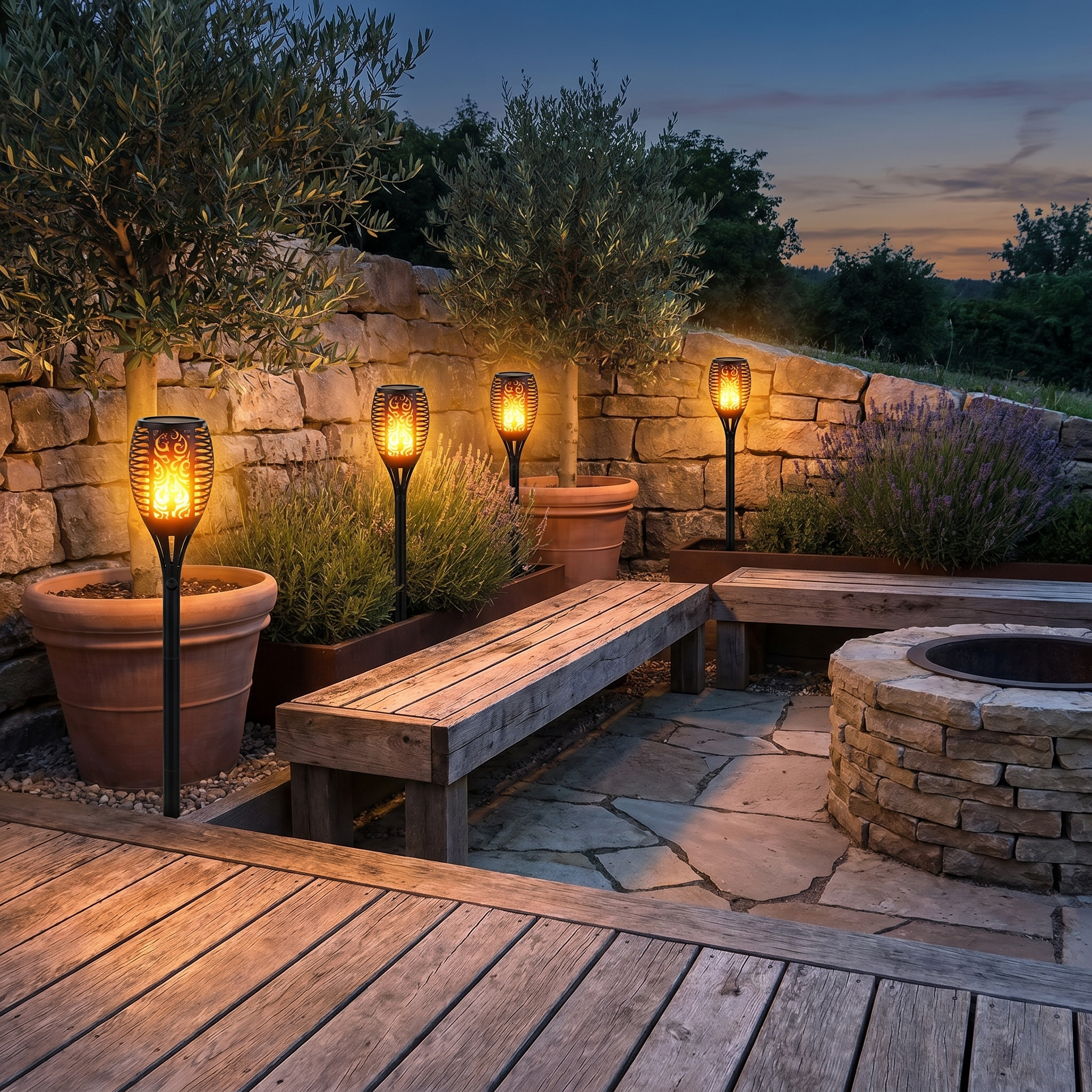 Solar Torch Light, Flickering LED, IP65 Waterproof, Small to Large, Pack of 2