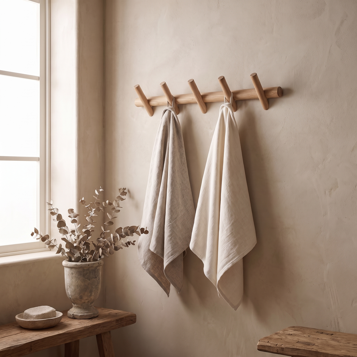 Stord oak peg rack on a bathroom wall holding two linen towels