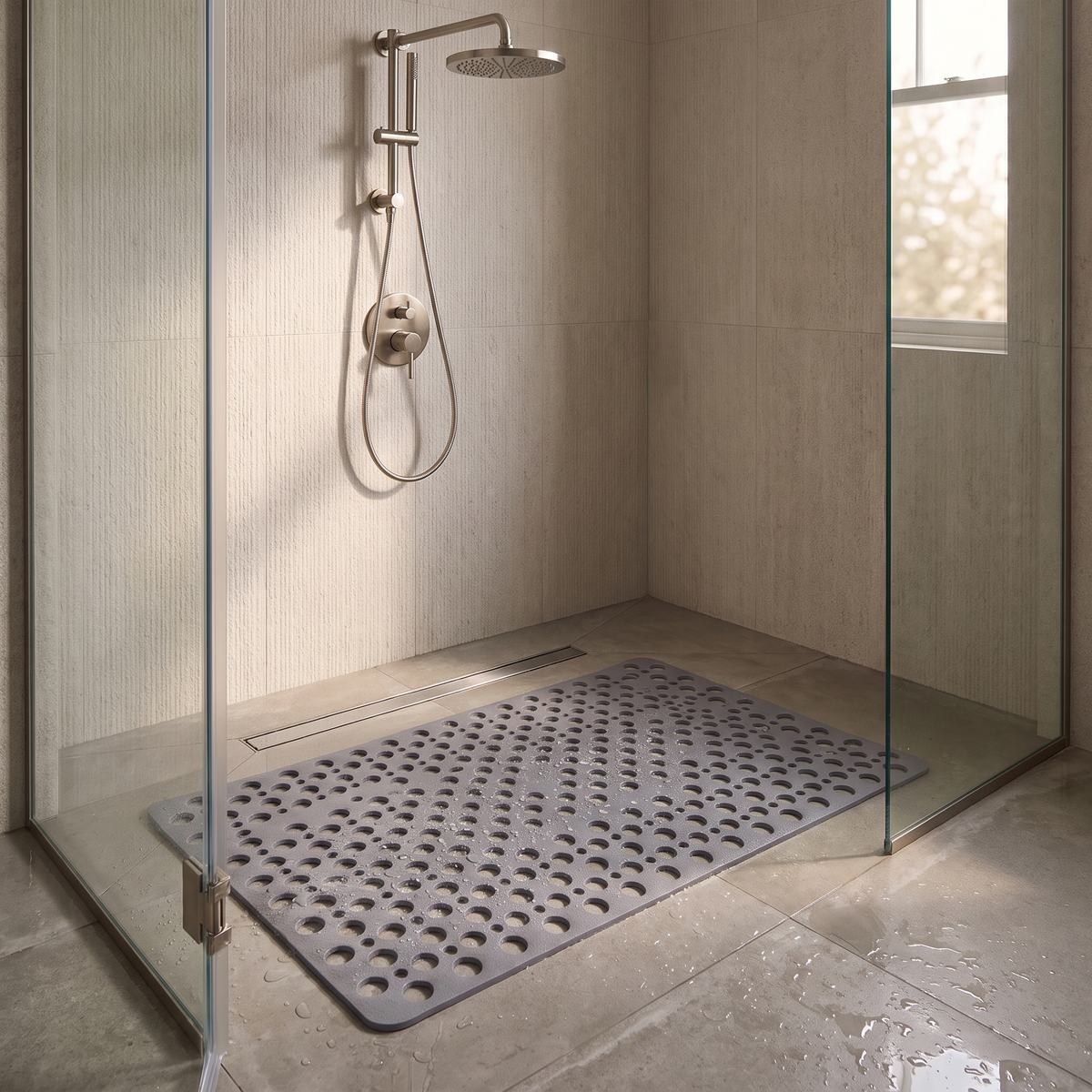 Gray drain hole mat on the floor of a walk in shower
