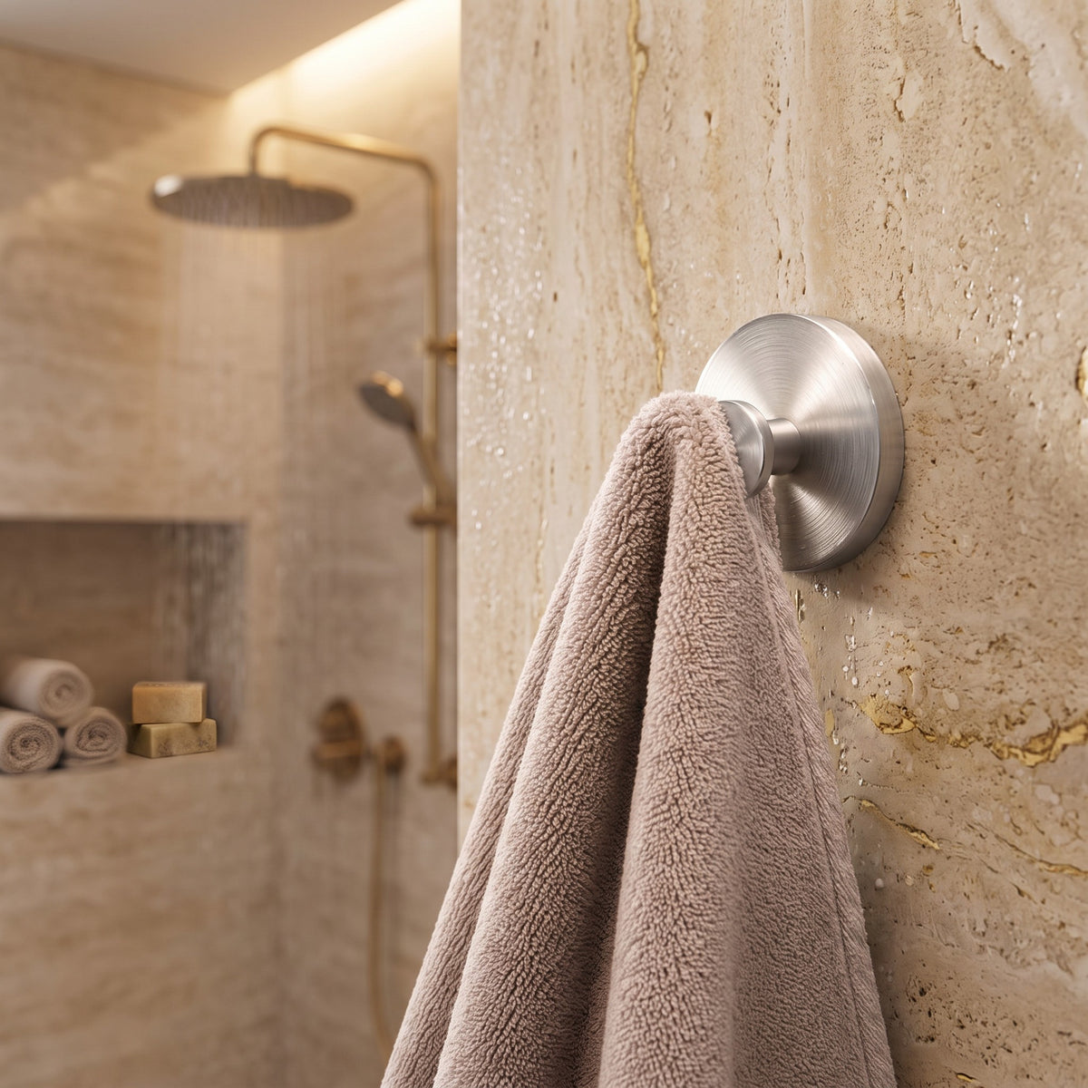 Silver suction hook holding a towel on a marble shower wall