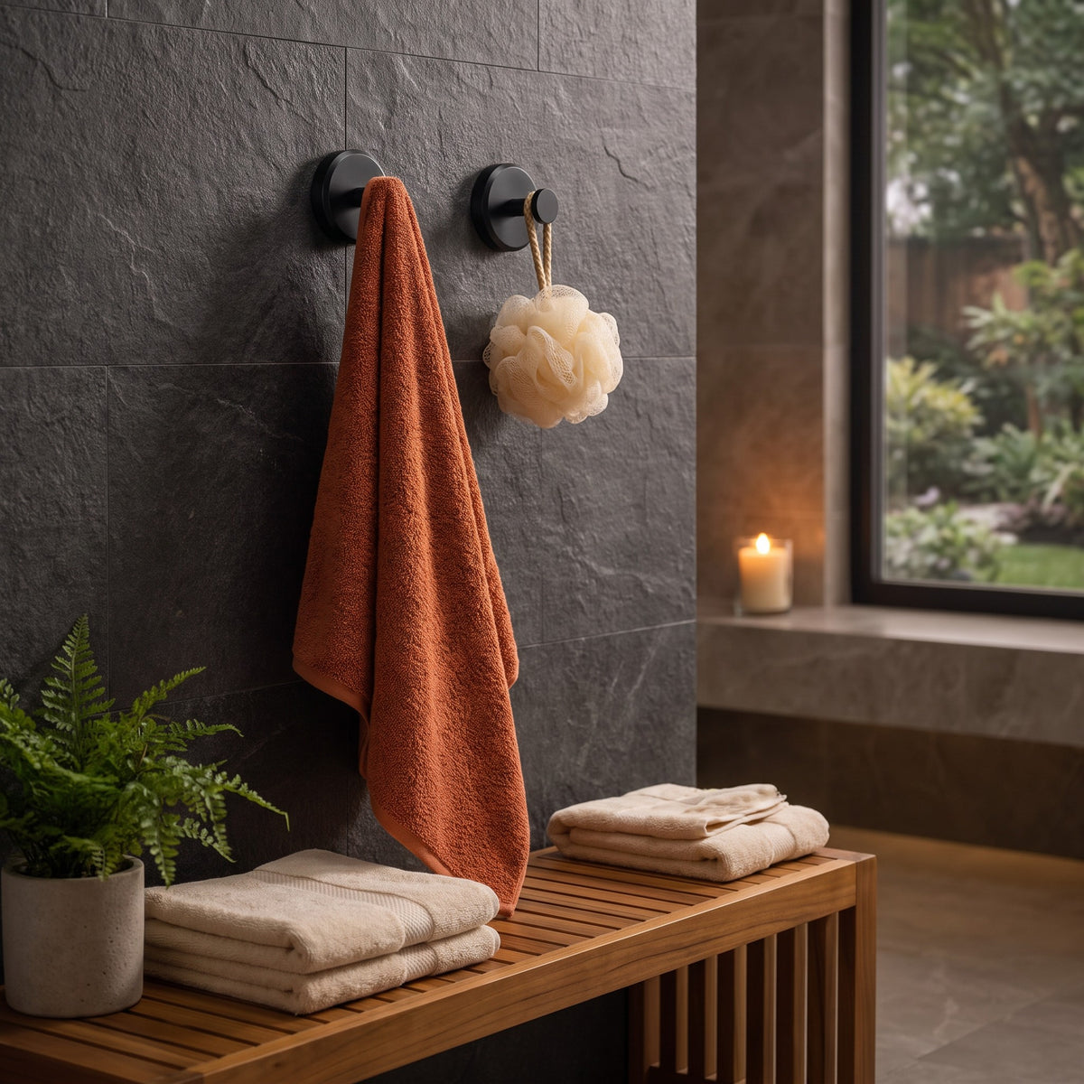 Matte black suction hooks on a dark stone shower wall with a towel and sponge