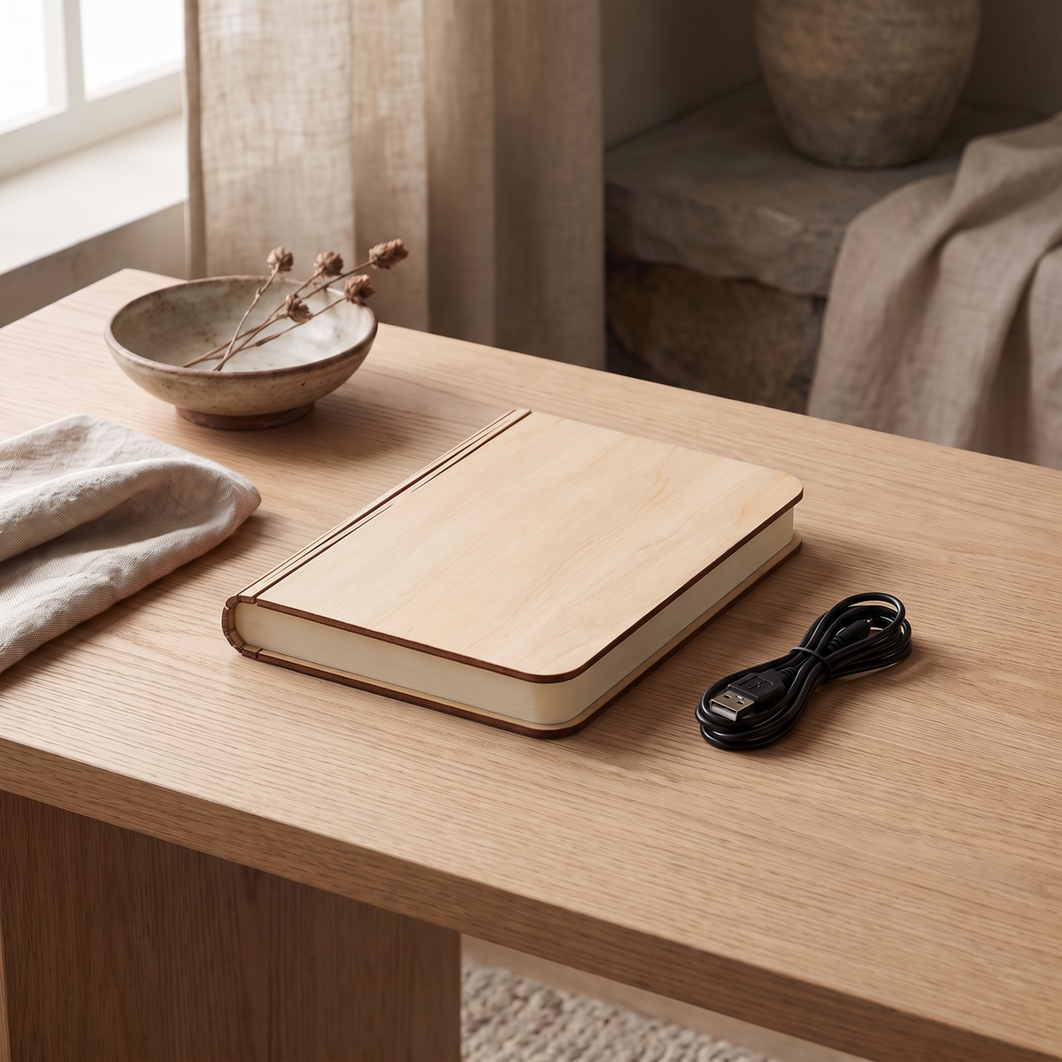 Sula book lamp with light wood covers, closed on a light oak desk beside its USB cable