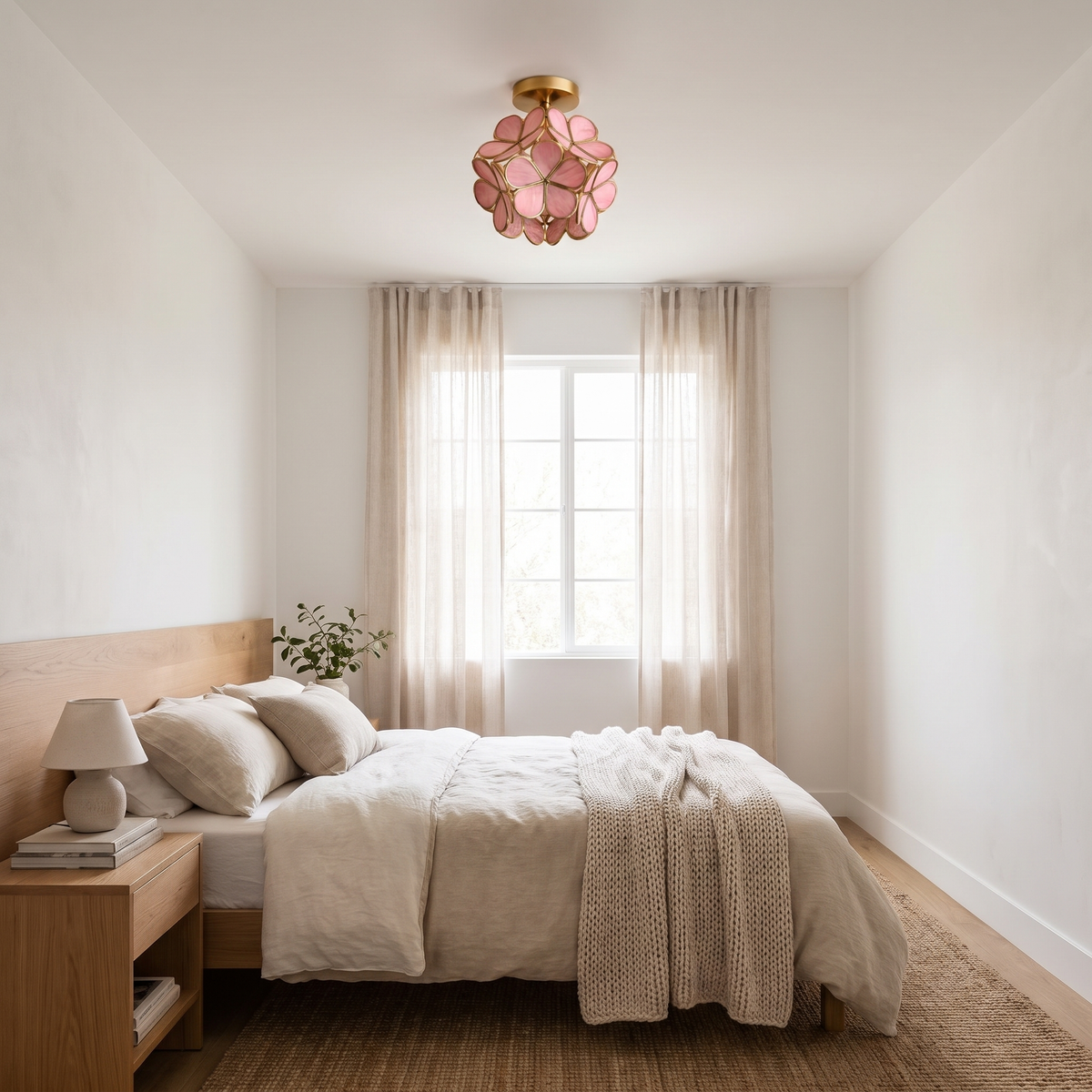 Pink Sunna glass petal ceiling light in a calm bedroom