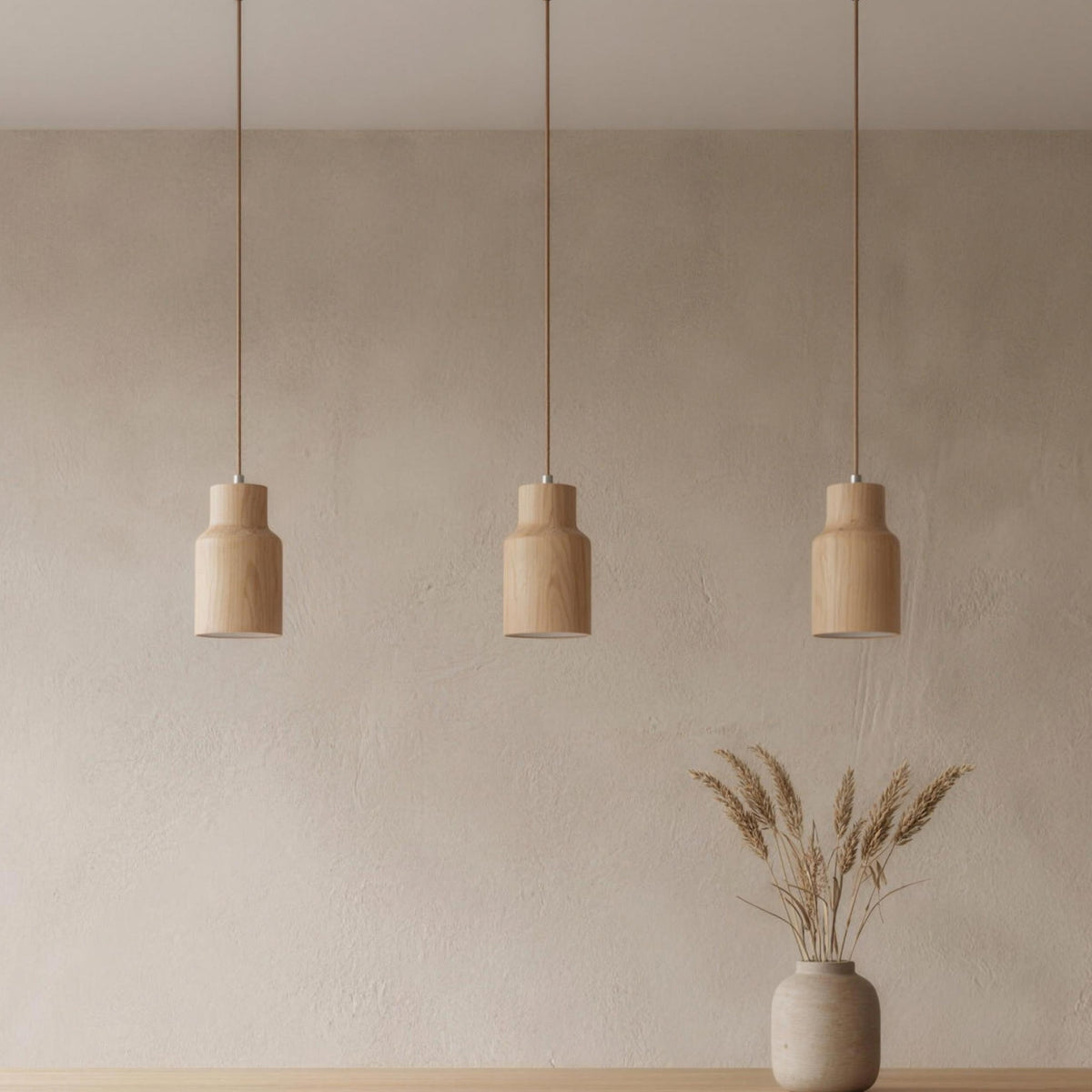 Svea wood pendant light, bottle shade, three light canopy
