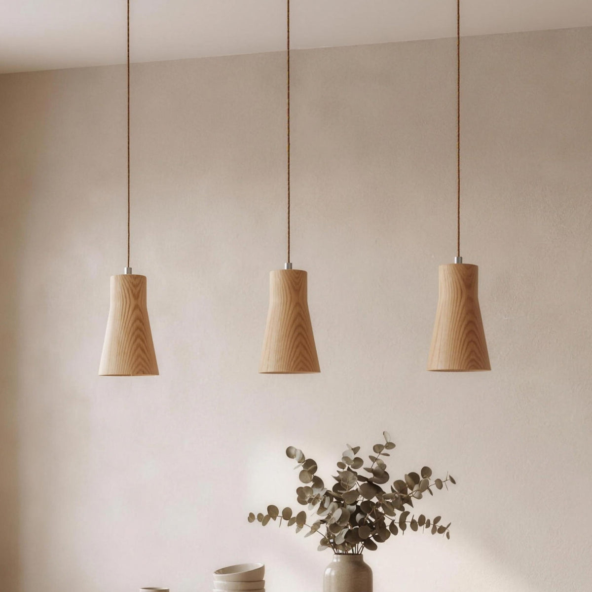 Svea wood pendant light, cone shade, three light canopy