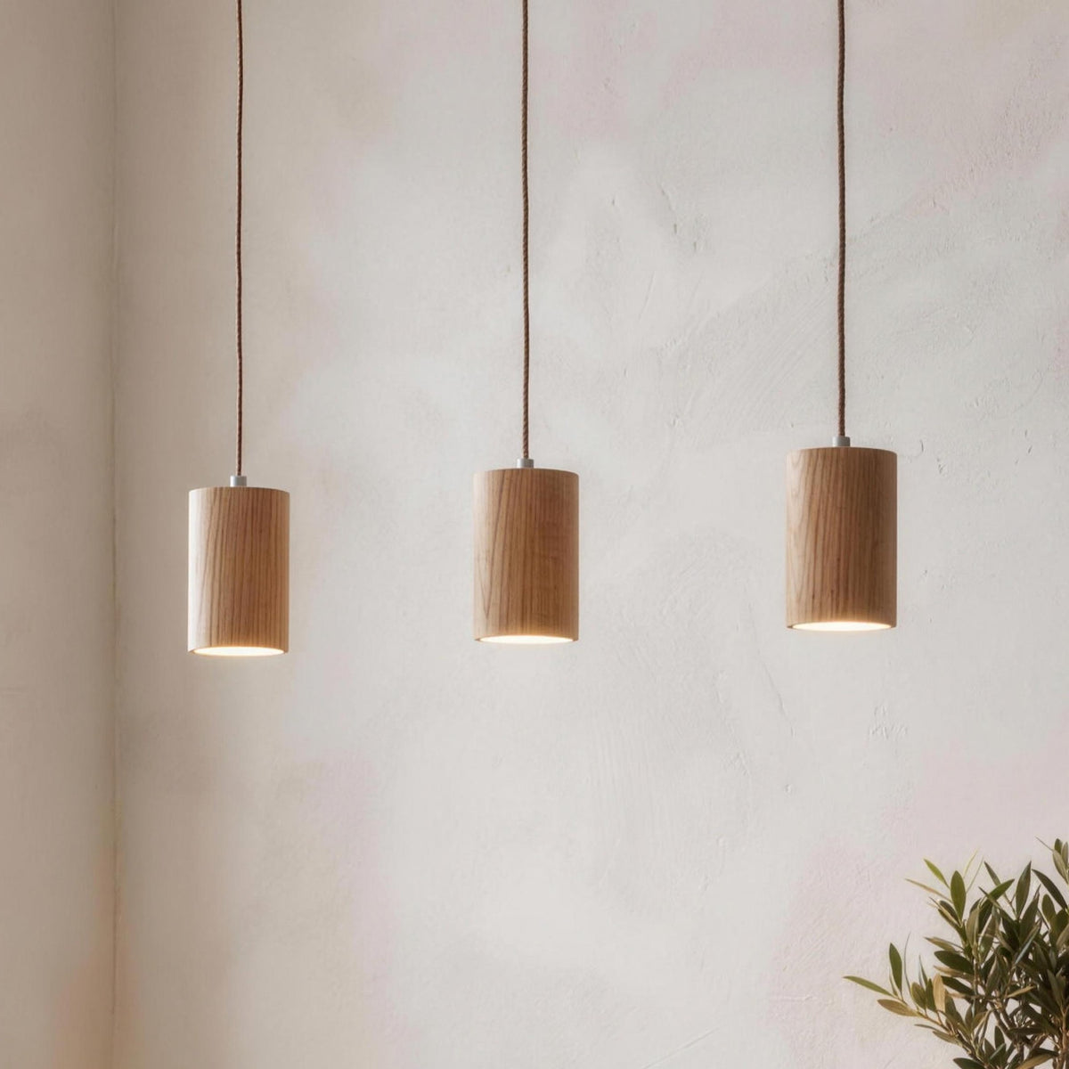 Svea wood pendant light, cylinder shade, three light canopy