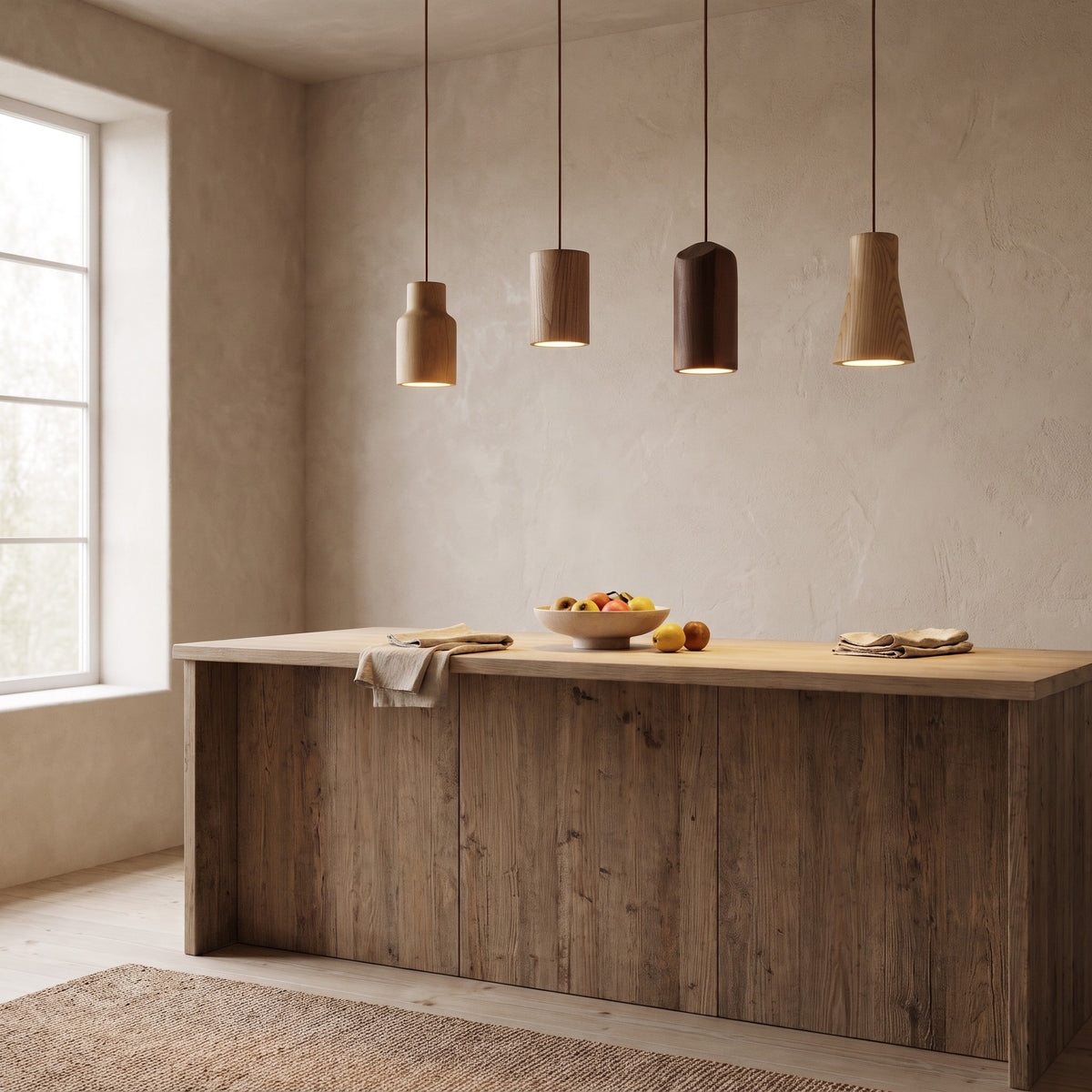 Svea wood pendant lights in four shade shapes over a kitchen island
