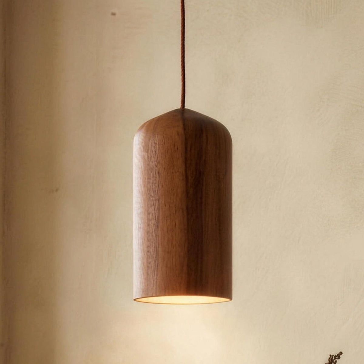 Svea wood pendant light, rounded cylinder shade, single pendant