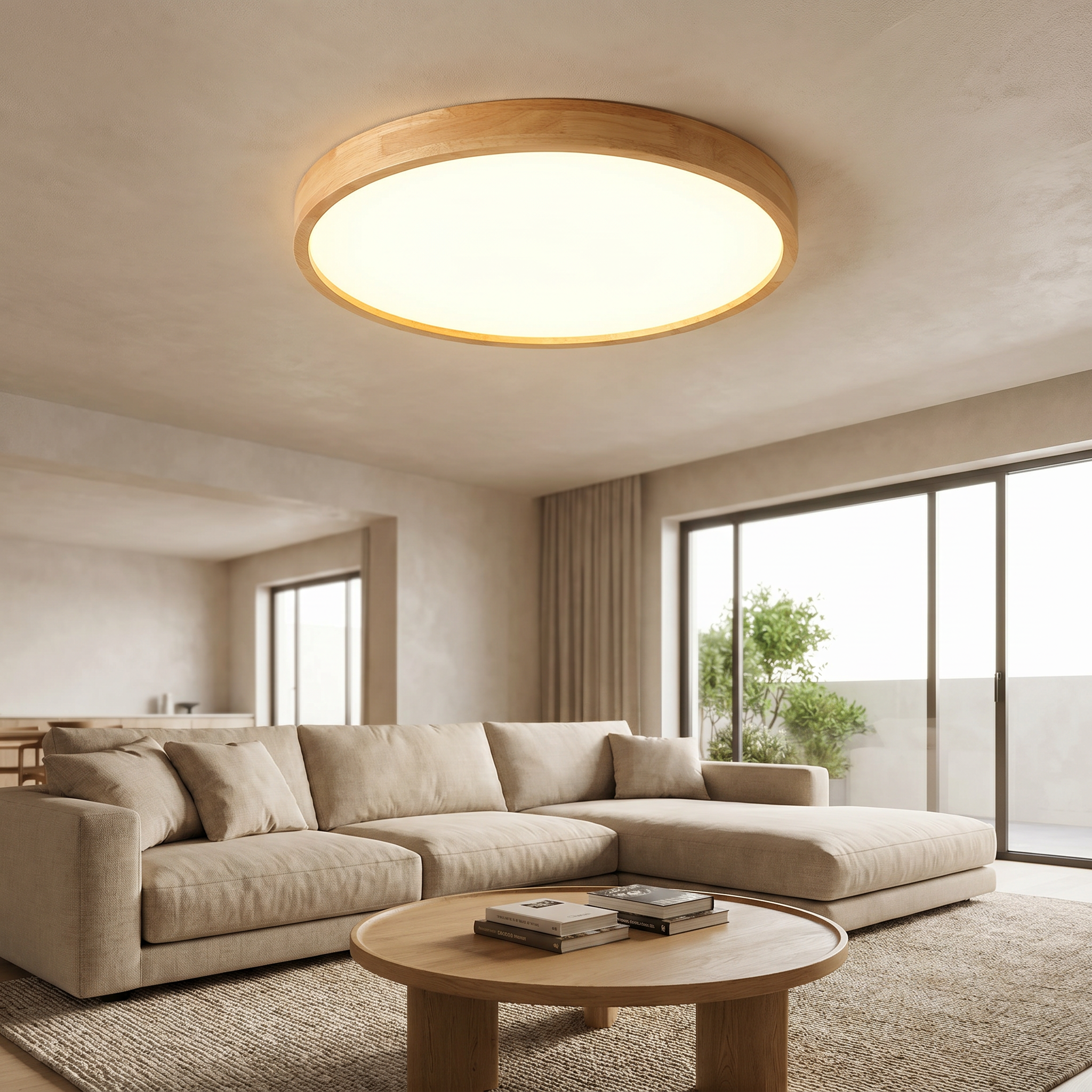 Solid Wood Round Flush Mount Ceiling Light, LED