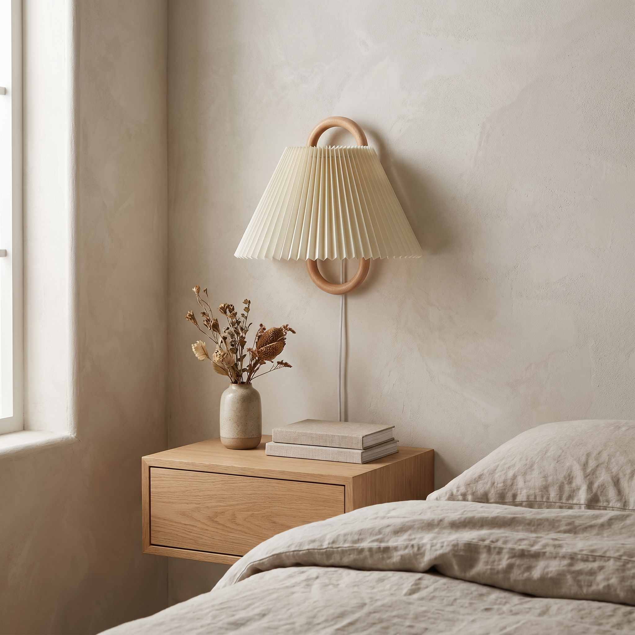 Semi-Circle Wall Sconce, Solid Wood, Fabric Shade, Plug-in or Hardwired