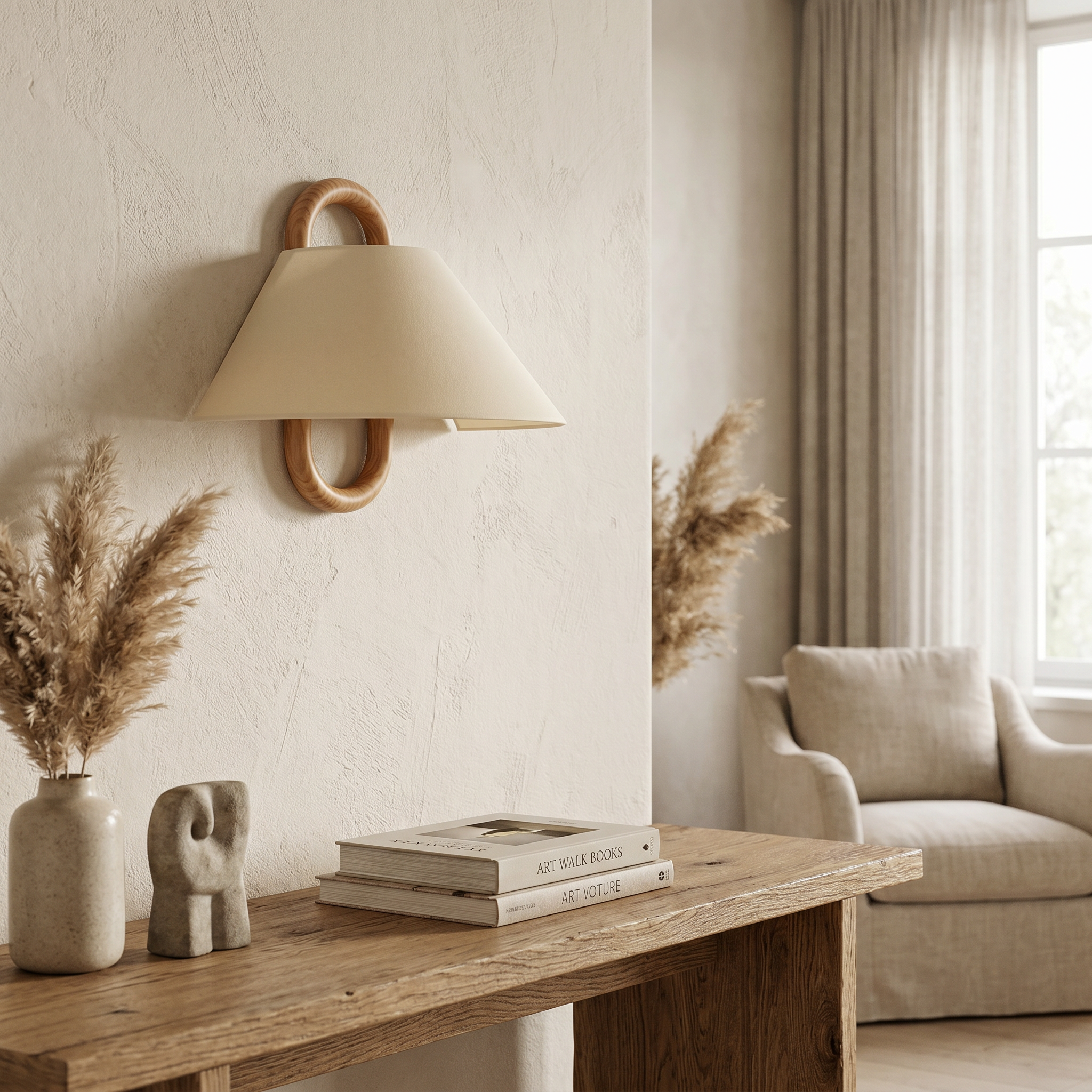 Semi-Circle Wall Sconce, Solid Wood, Fabric Shade, Plug-in or Hardwired