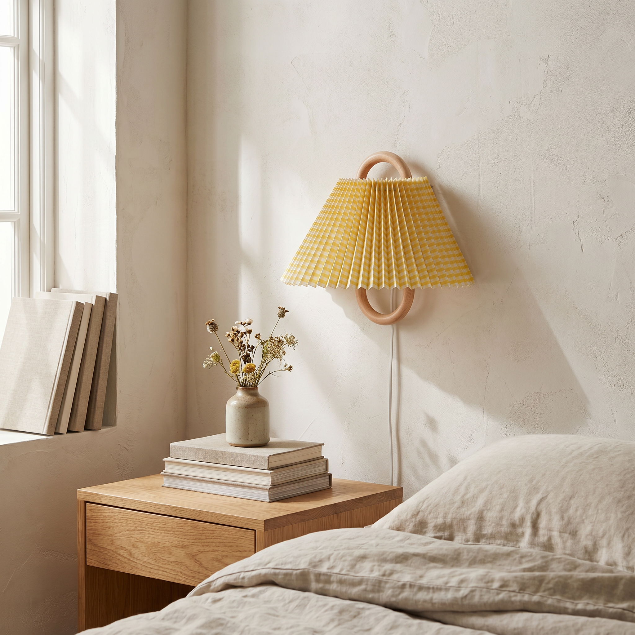 Semi-Circle Wall Sconce, Solid Wood, Fabric Shade, Plug-in or Hardwired