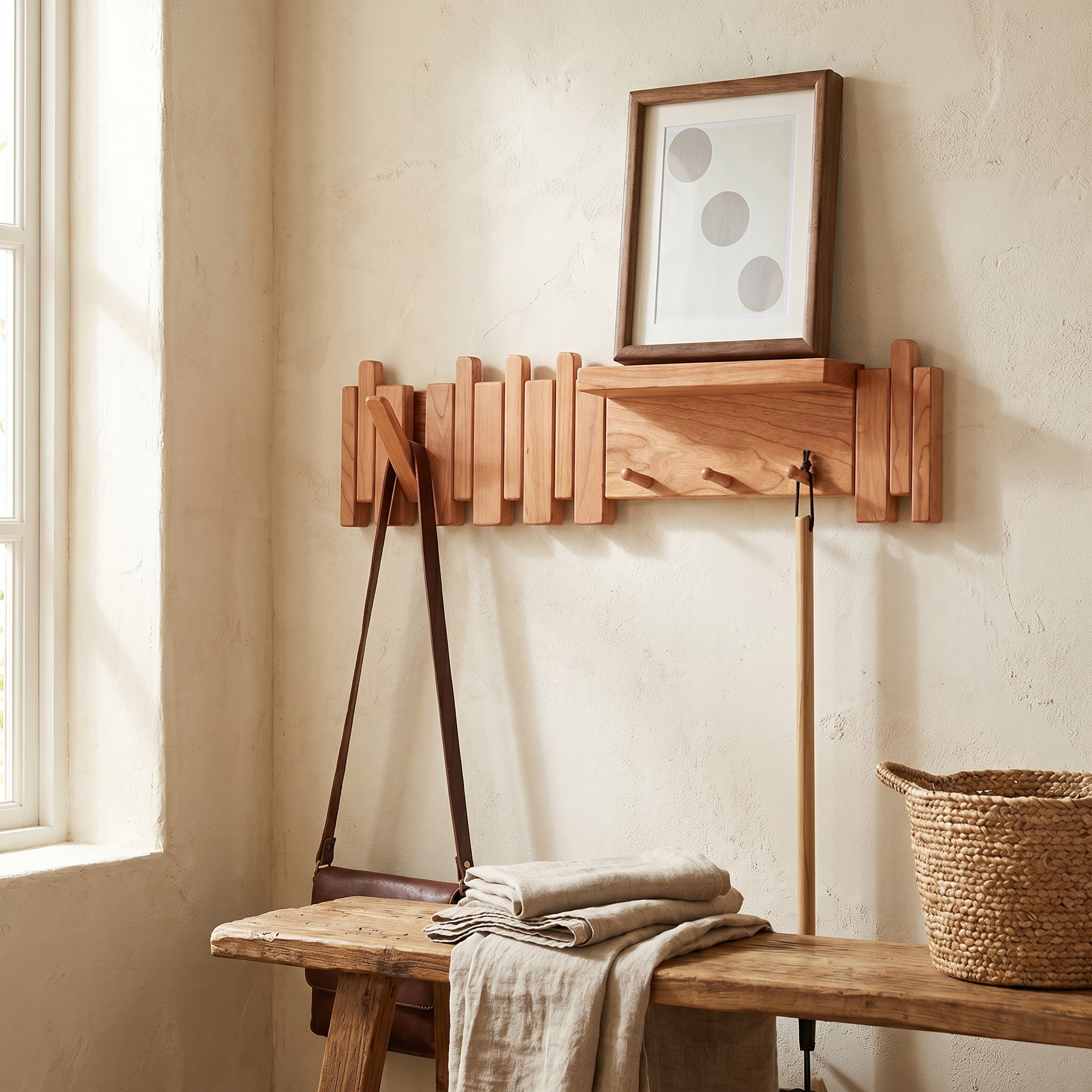 Solid Wood Wall Coat Rack, Piano Key Design, Oak or Walnut, Four Sizes