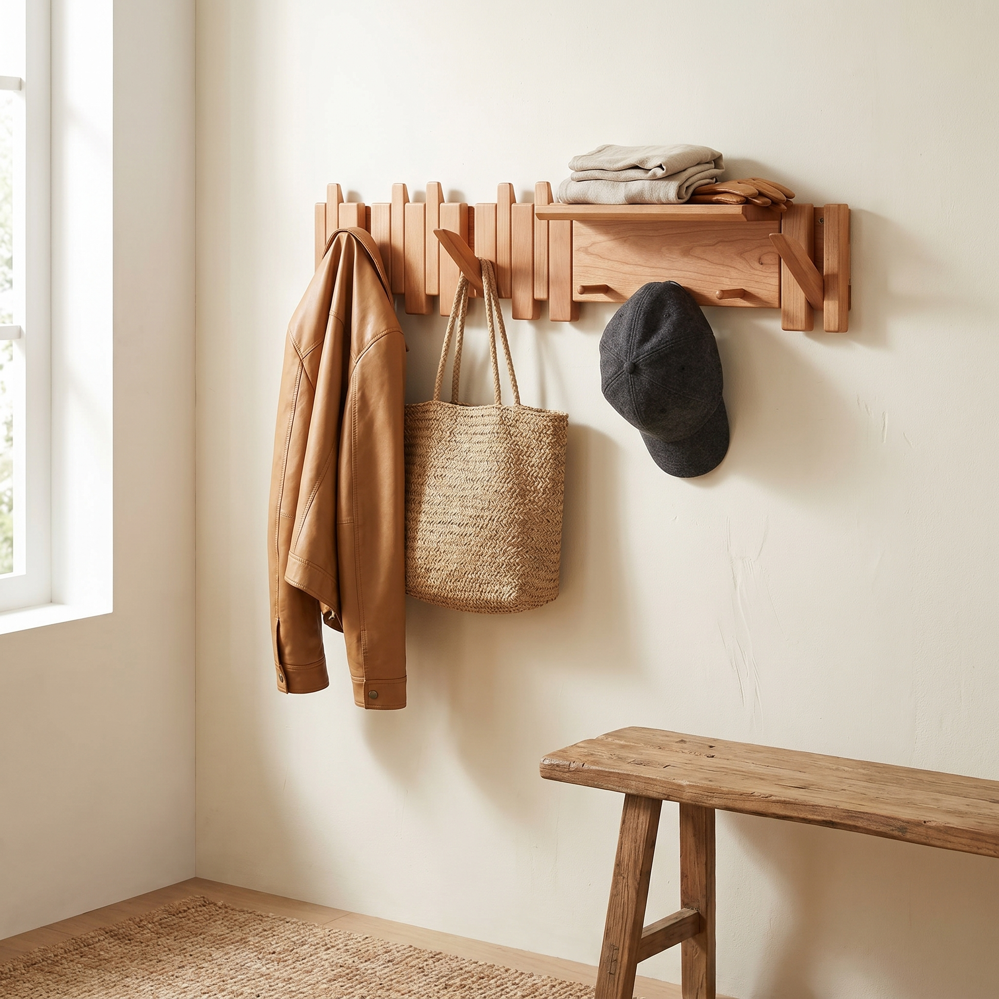 Solid Wood Wall Coat Rack, Piano Key Design, Oak or Walnut, Four Sizes