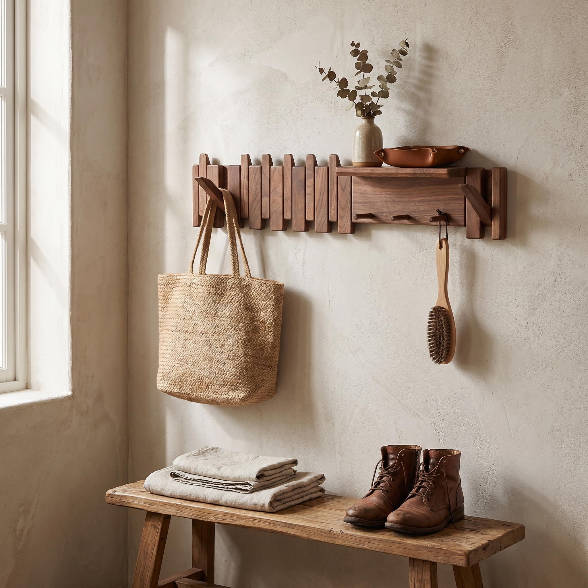 Solid Wood Wall Coat Rack, Piano Key Design, Oak or Walnut, Four Sizes