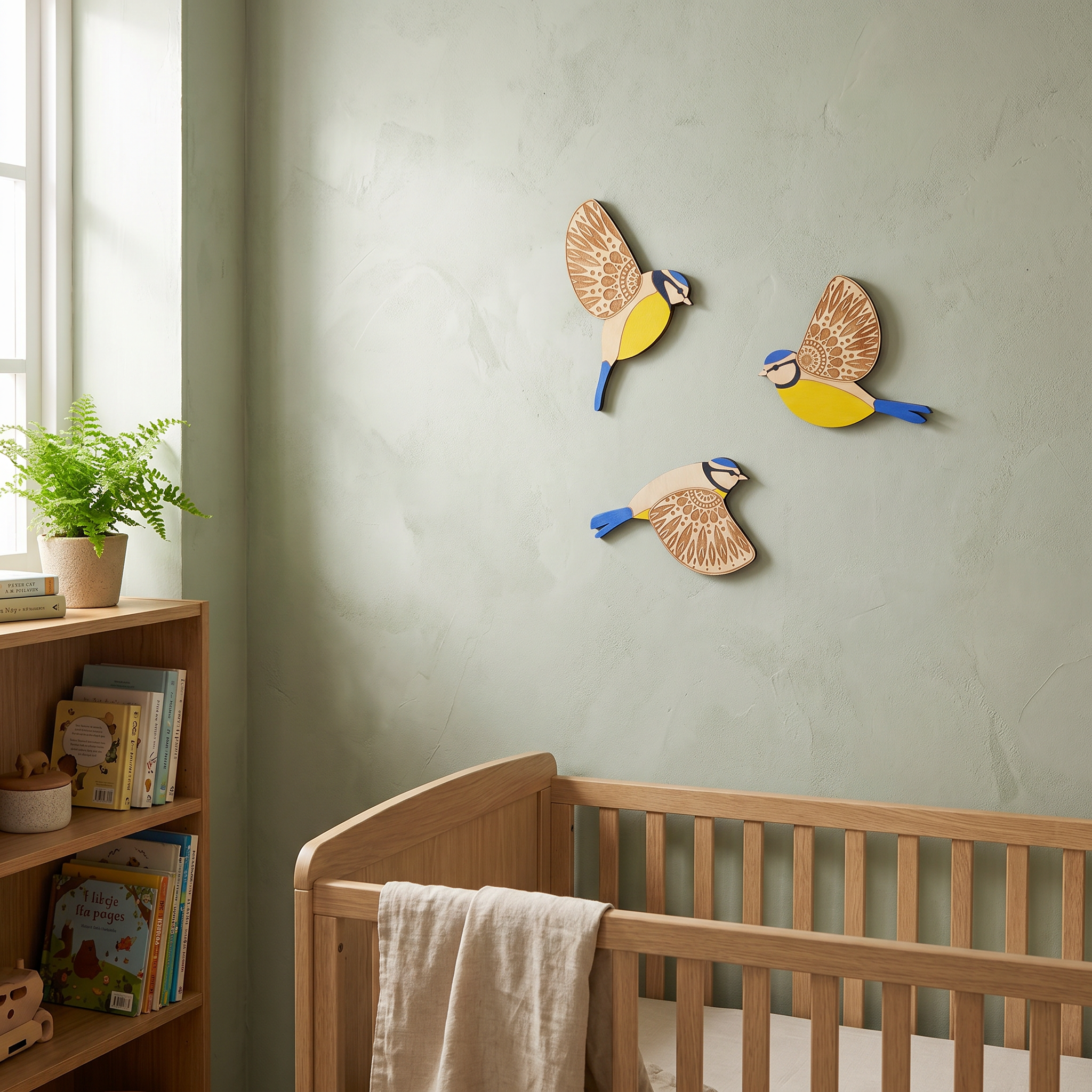 Timber Bird Wall Decor Set, 3mm Solid Wood, Engraved, Flush Wall Mount
