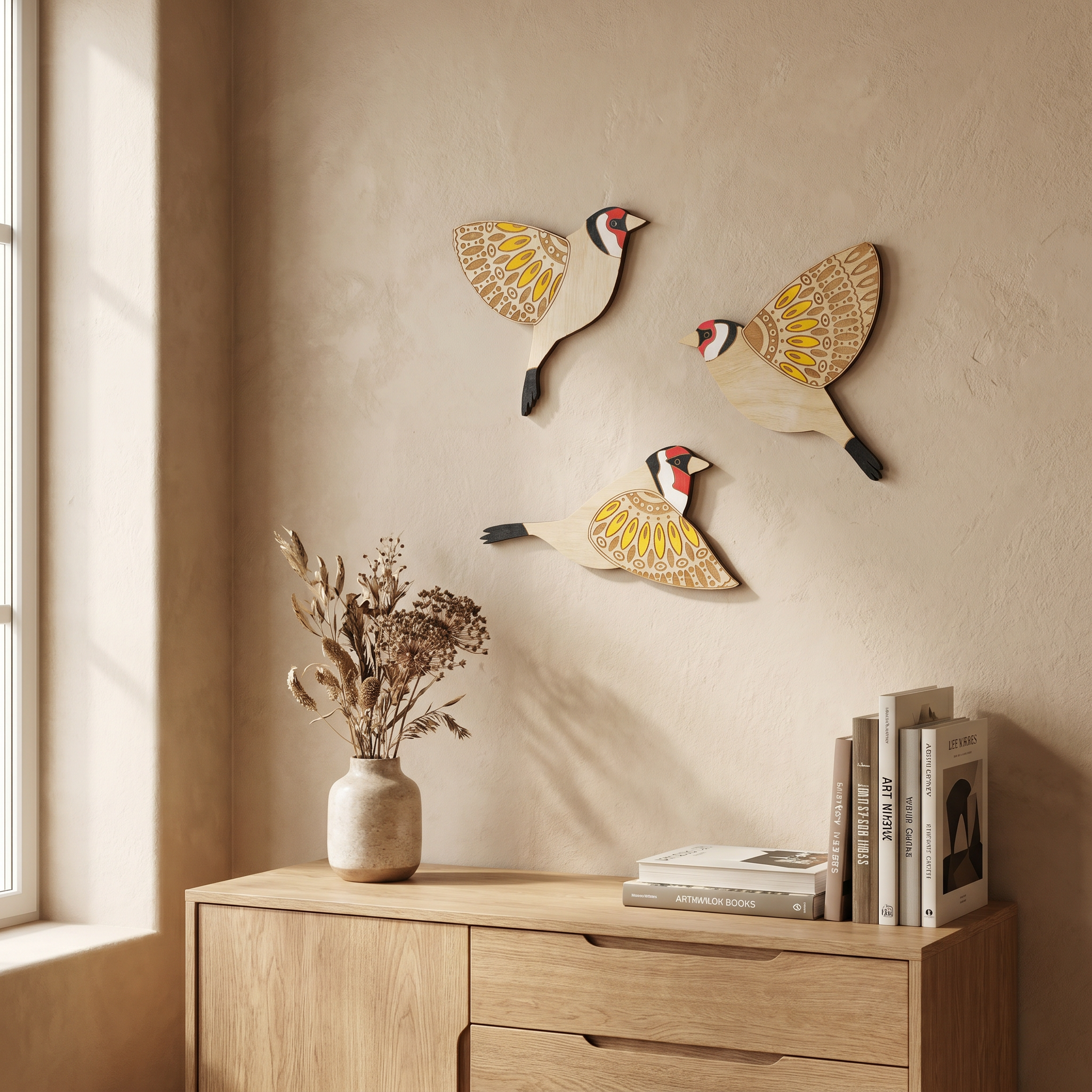 Timber Bird Wall Decor Set, 3mm Solid Wood, Engraved, Flush Wall Mount