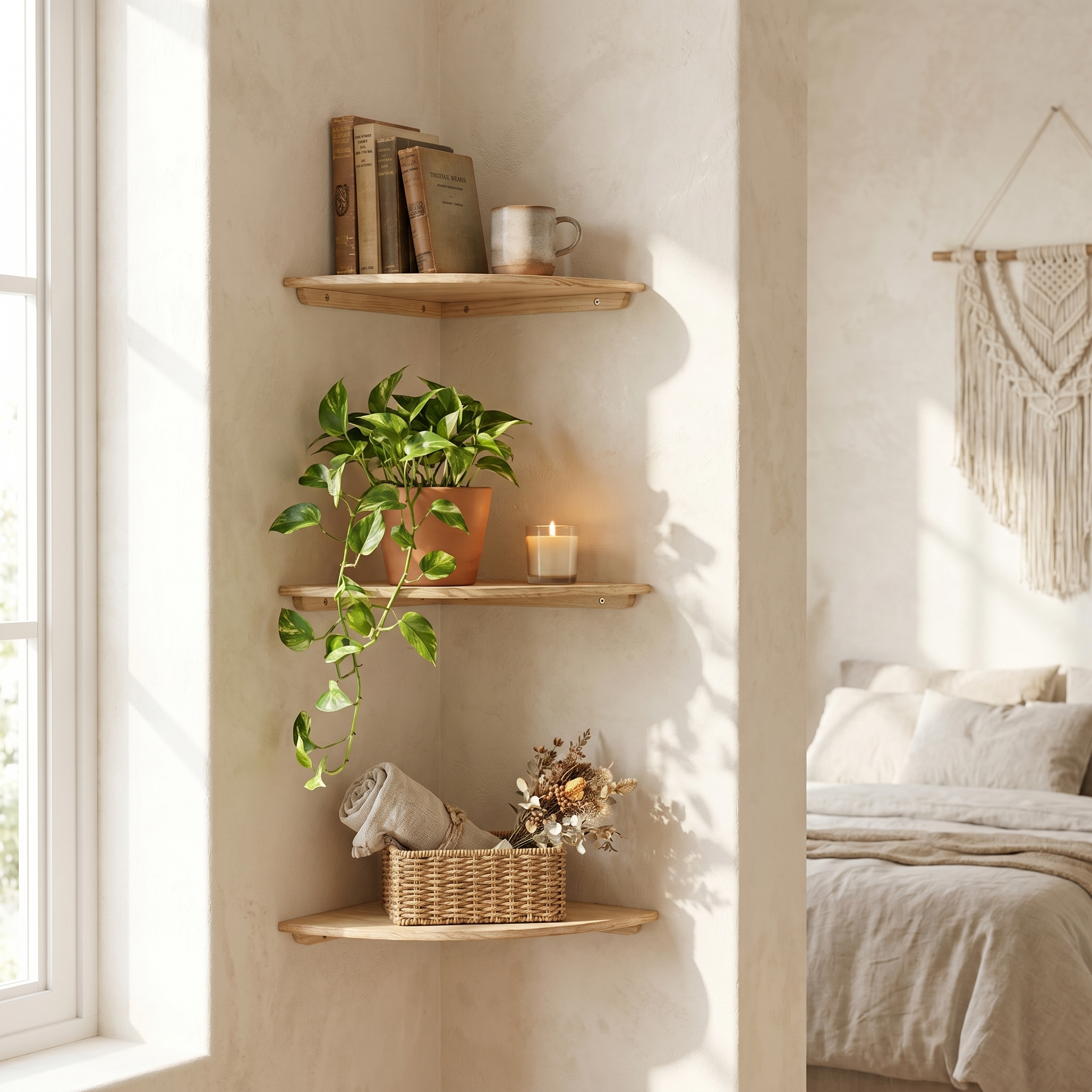 Timber Corner Floating Shelf, Solid Hardwood, Matte, Three Sizes, 15 lb
