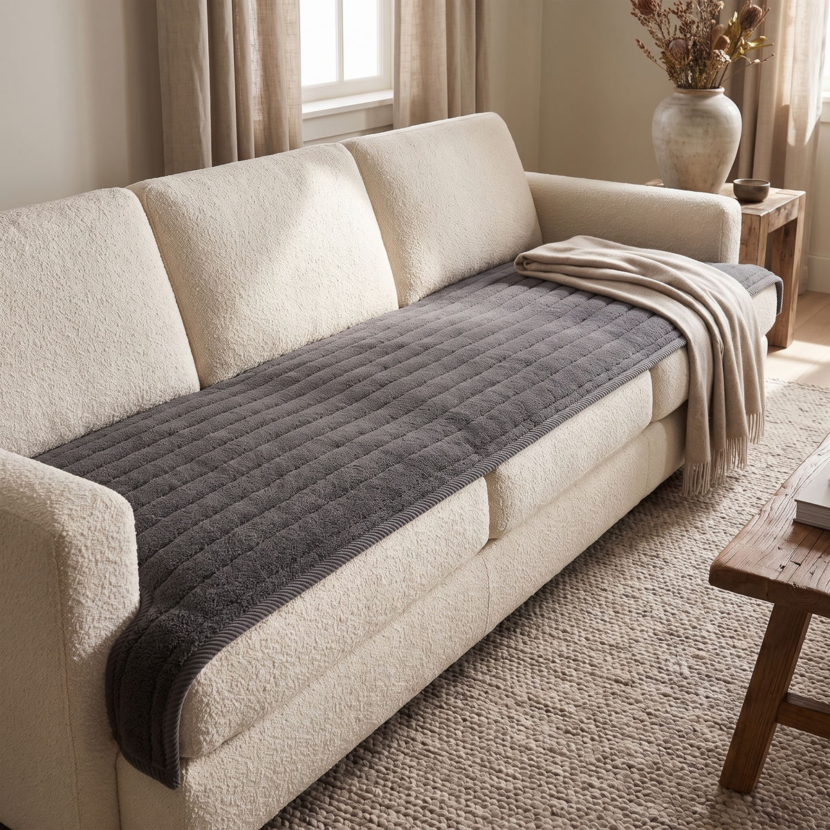 Charcoal plush sofa cover lying smooth on a cream boucle sofa with a folded throw