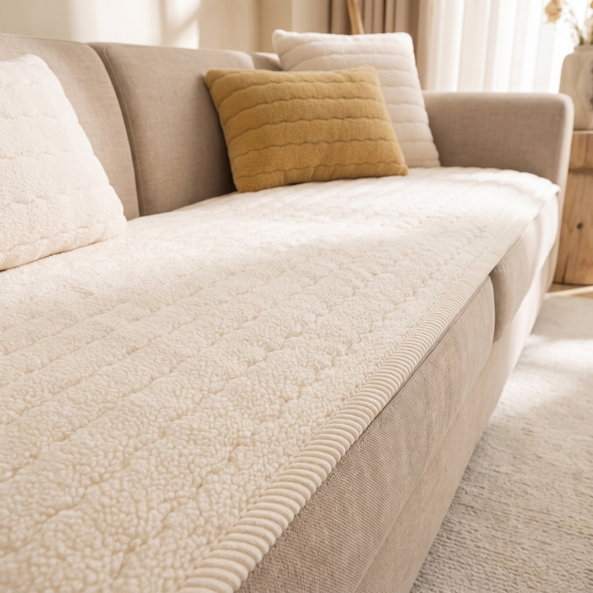 Cream quilted sofa cover with a ribbed edge over a beige sofa seat with plush pillows
