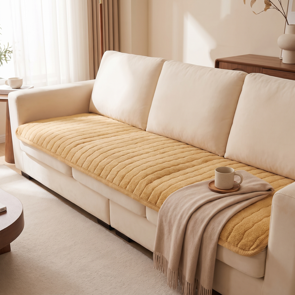 Honey plush sofa cover along a cream sofa seat with a folded throw and a mug