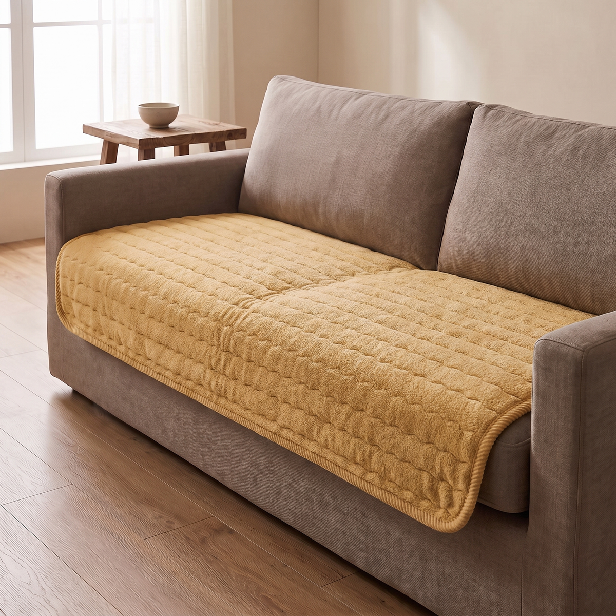 Thick plush sofa cover in honey over a taupe linen sofa