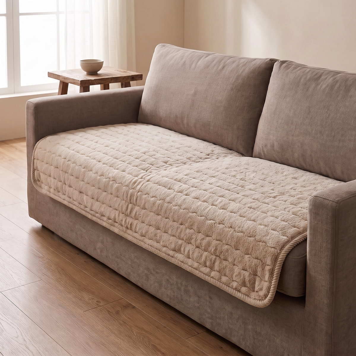 Thick plush sofa cover in taupe over a taupe linen sofa