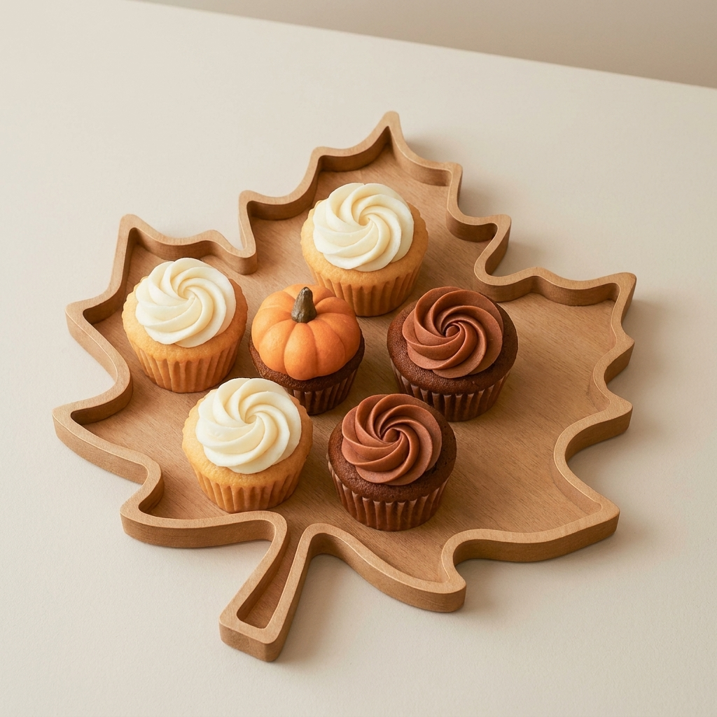 Maple leaf tray holding cupcakes and a small pumpkin