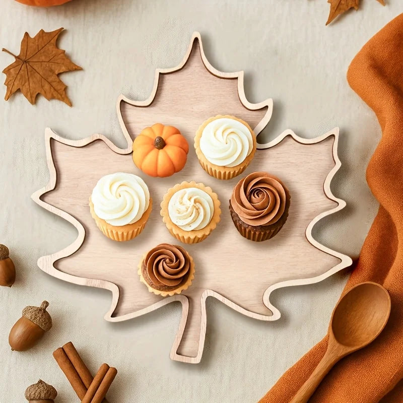 Maple leaf tray with cupcakes, acorns and cinnamon sticks