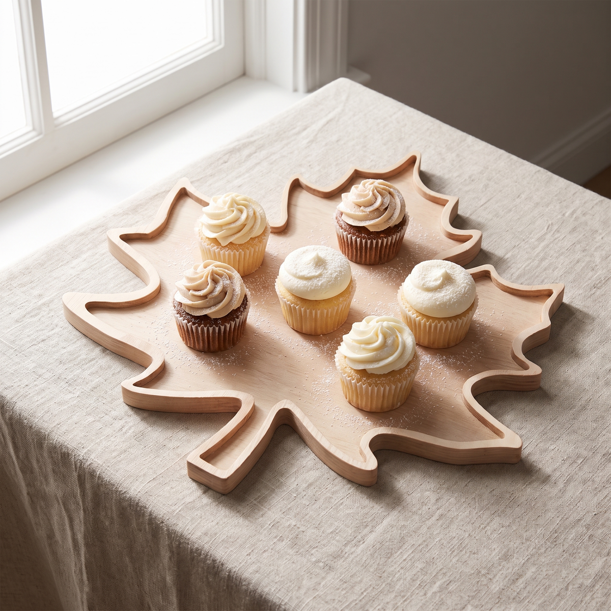 Tilde maple leaf serving tray holding six cupcakes on a linen tablecloth